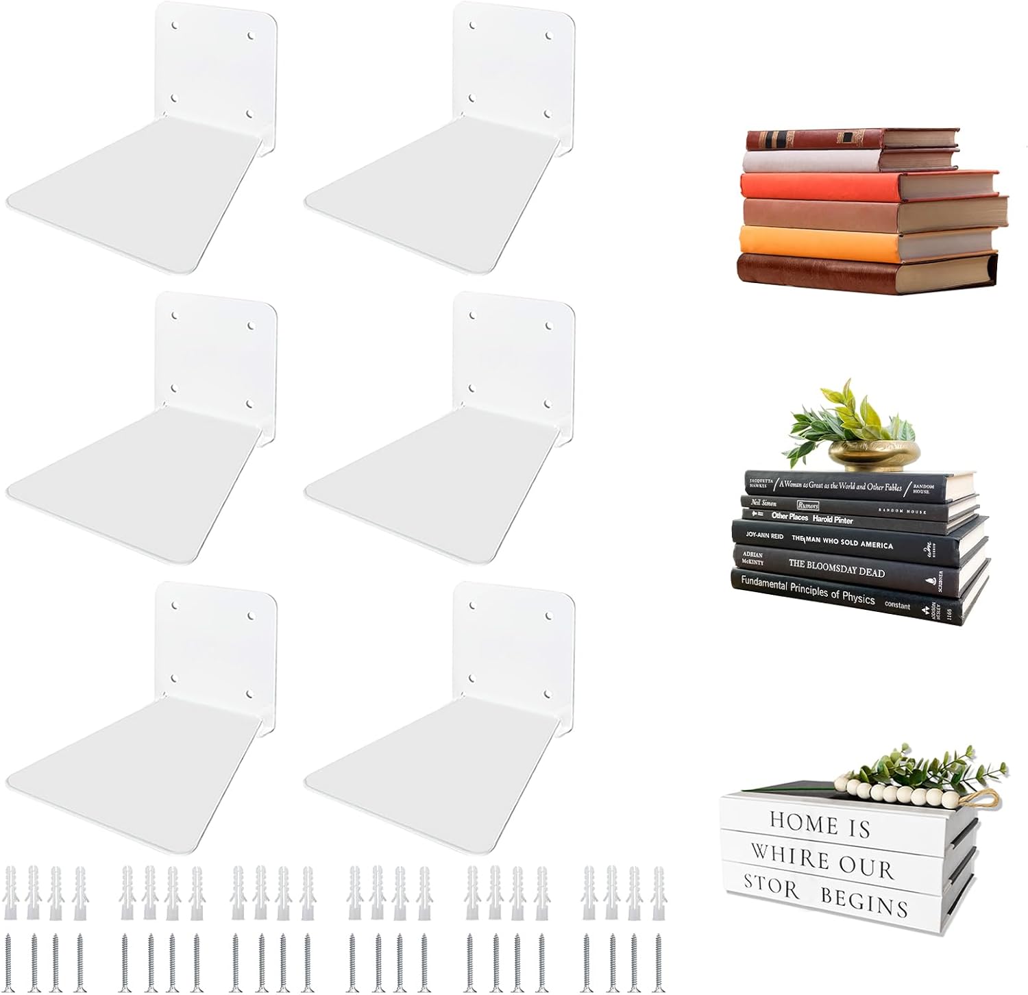 Invisible Floating Bookshelf - Modern White Wall Mount Metal Shelves for Room, Bedroom Bookcase, Small Bookshelf with Minimalist Design, Sleek Storage for Books & Decoratives 6PCS