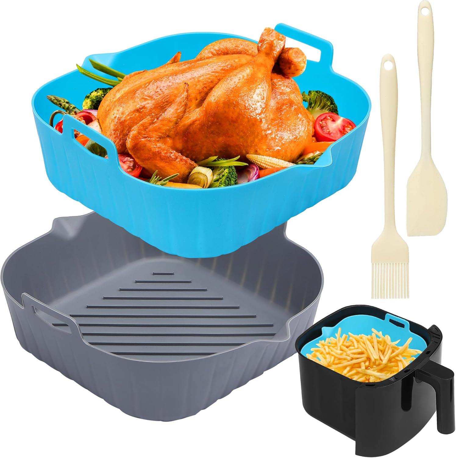 Air Fryer Liner Square 2 Pack 8.6 Inch Silicone Airfryer Liners 4-7 QT Reusable Air Fryer Silicone Liners Pot Oven Liner Baking Tray, Air Fryer Basket Silicone Mat Bowl Air Fryer Accessories Kitchen
