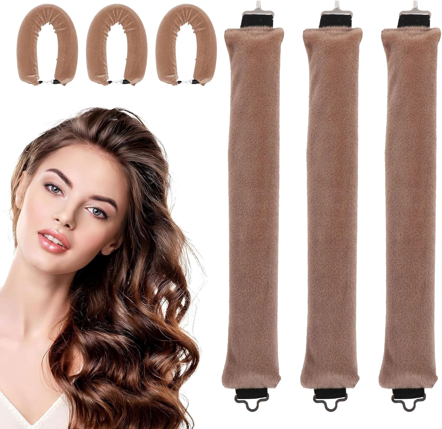 Hair Curlers No Heat, Overnight Blowout, Heatless Hair Curler for All Hairs Types, Soft Heatless Curlers Headband for Sleeping, Hair Rollers Hair Styling Tools for Women Girls Khaki, 10.6in
