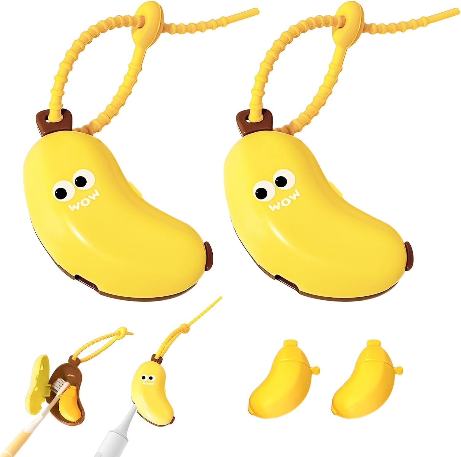 2PCS Banana Toothbrush Case, Portable Toothbrush Holder with Silicone Toothpaste Dispenser, Compact Hanging Travel Organizer for Home Camping Outdoor Yellow