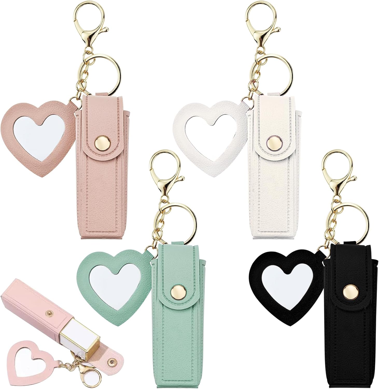 4 PACK PU Leather Potable Chapstick Holder Key Chain Bulk with Mirror, Lipstick Keychain, Lip Balm Organizer Holder Lipstick Travel Makeup Storage Case for Women Girls Style 1