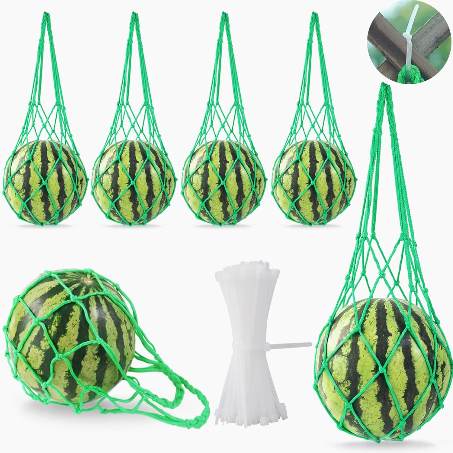 10Pack Melon Hammock Watermelon Nets with 20 Cable Zip Ties, Heavy Duty Watermelon Honeydew Net for Garden Trellis Vertical Garden Growing