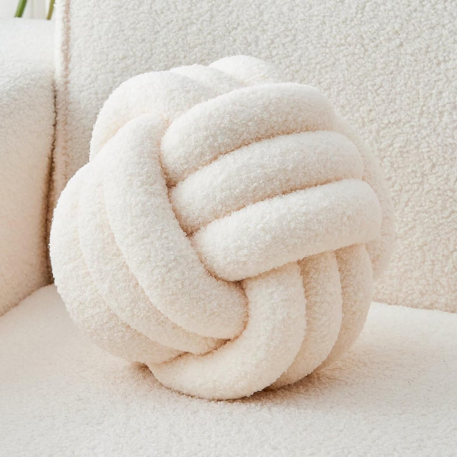 Decorative Throw Knot Pillow Ball for Home Chair Sofa Couch Bed Aesthetic Round Decor Pillows Lambswool Knotted Pillow Cushion Ivory White, 11 inches