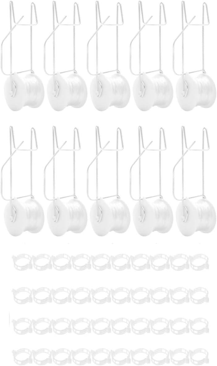 10 PCS Tomato Roller Hooks with String & 40 Clips, 49.2FT Twine Tomato Trellis Kit - Climbing Support for Tomato, Flower Vine, Greenhouse, Home Gardening 10 PCS