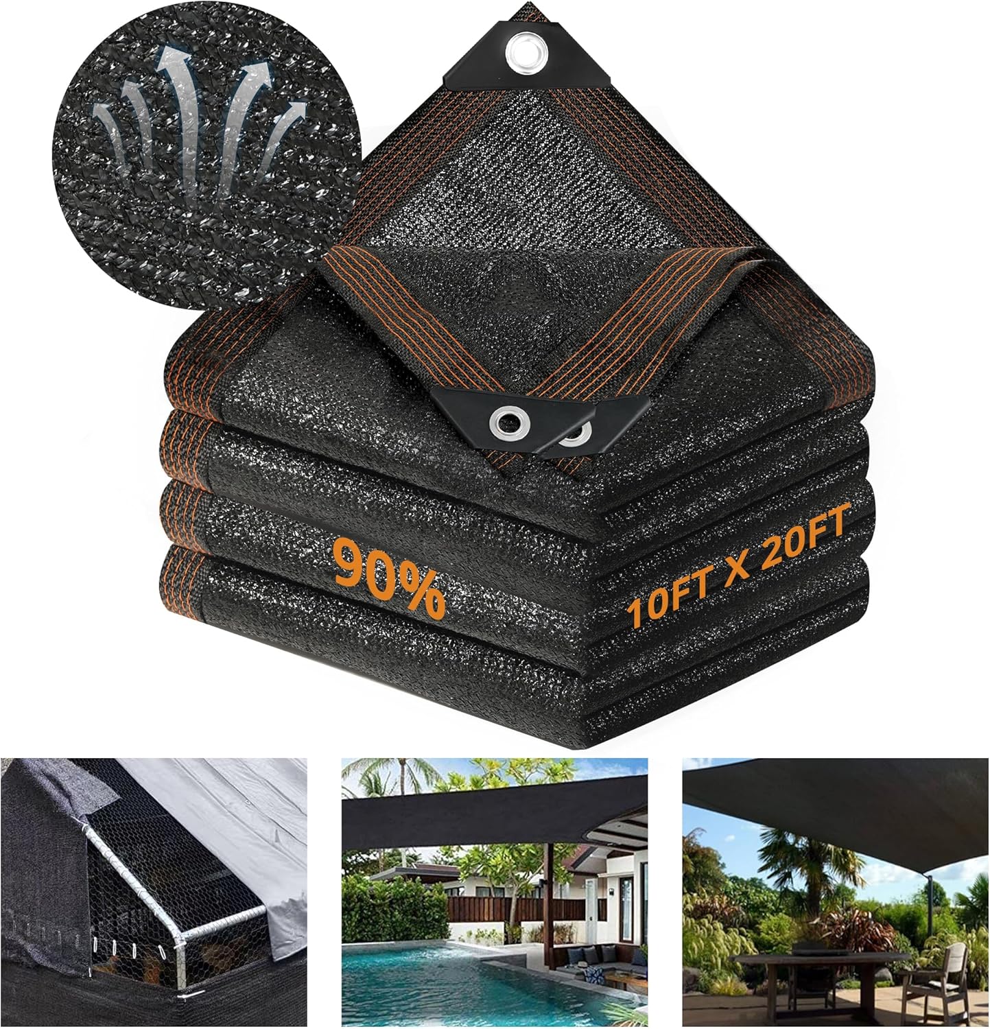 Garden 90% Shade Mesh Cloth, 10 x 20FT Sun Shade Net,Resistant Mesh Sun Shade Reinforced Grommets Shade Trap for Greenhouse,Plant,and Backyard Patio Sunshade,Pergola Black-3x6m