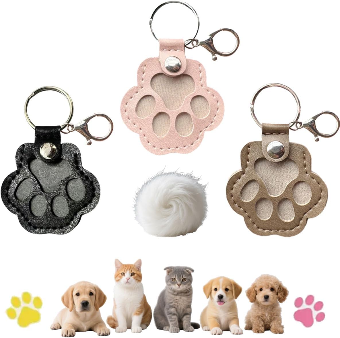3pcs Leather Pet Memorial Keychain,Dog Hair Collector Keychain,Cat Paw Shaped Pet Memorial Gifts for Pet Parent 3PCS