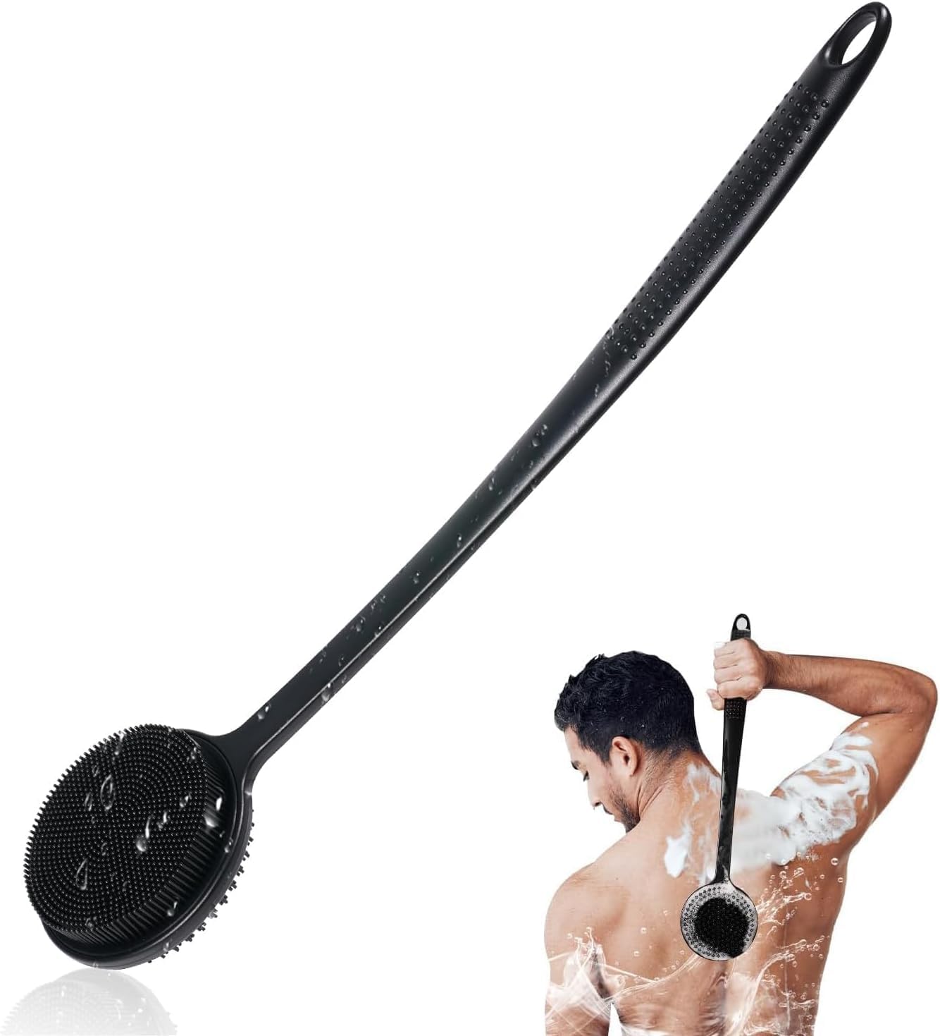 Silicone Back Scrubber for Shower, 17in Lengthen Long Handle Body Brush, Double Sided Shower Brush for Shower Exfoliating and Massage Can Produce Rich Foam, Long Handle Back Scrubber for Men and Women Carbon black