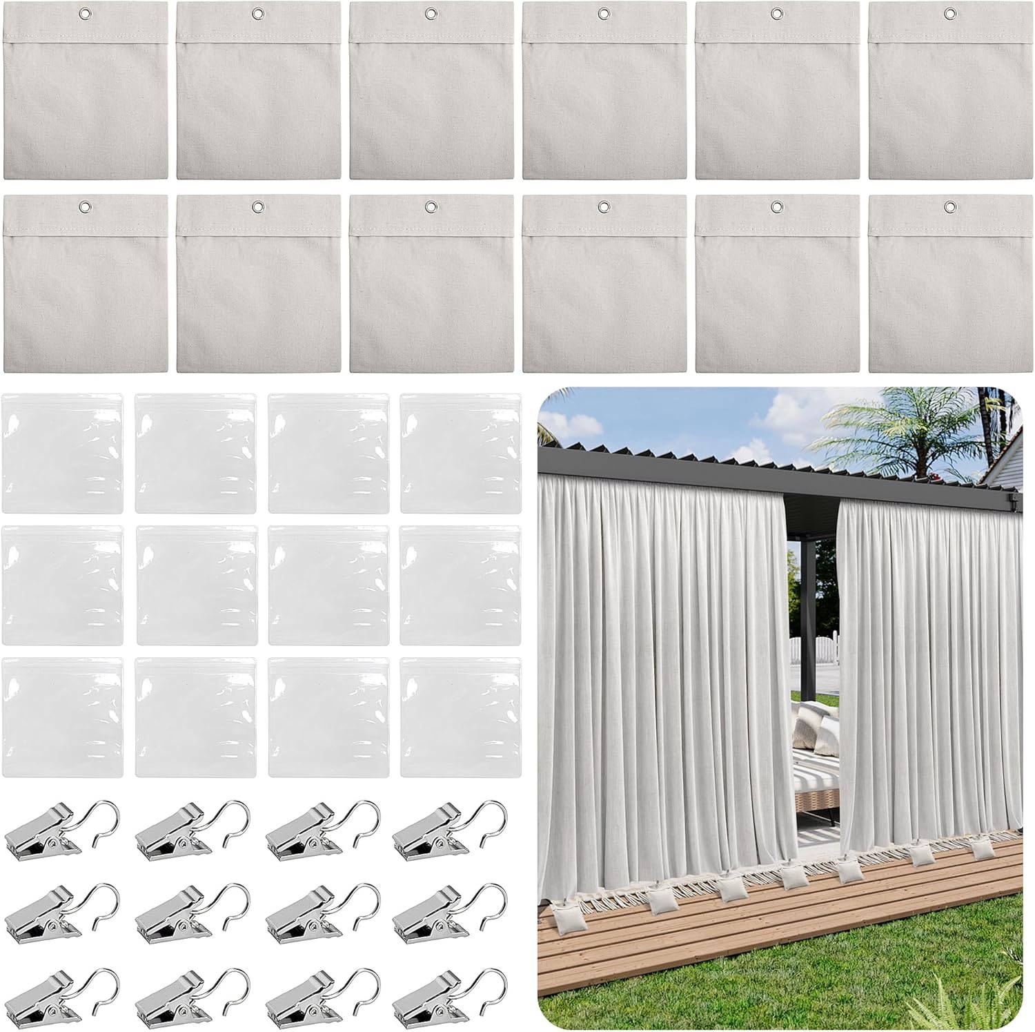 12 Pack Outdoor Curtain Weights Bag, Patio Curtain Sandbag with Sealed Bags and Clips, Reusable Drapery Weighted Bags for Home Outdoor Pergola Gazebo Front Porch Grey