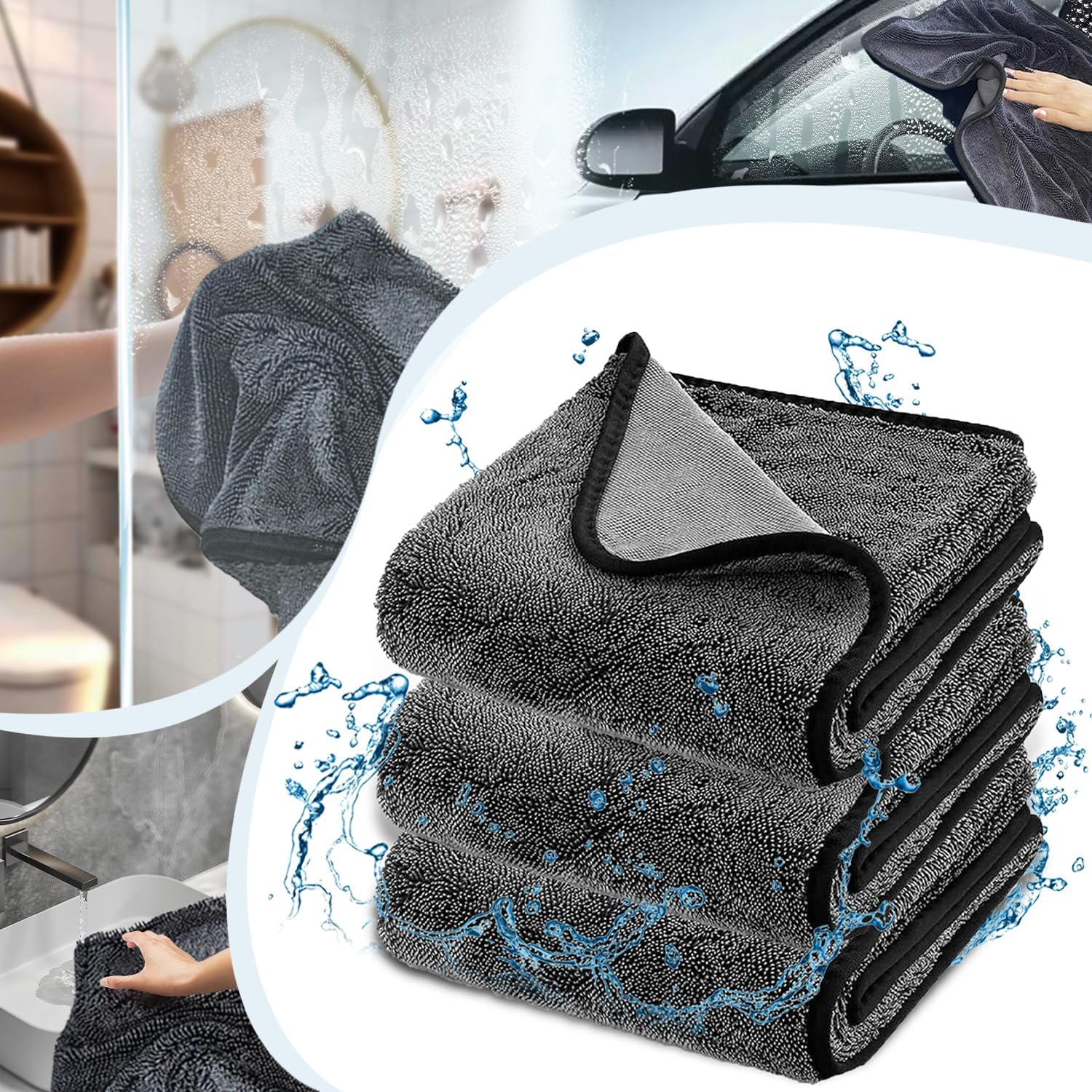 Shiny Wipes Cleaning Cloths for Shower, Bath XXL Drying Towel, Streak Free & Ultra Absorbent Microfiber Towels, Escape The Bathroom Cars Limescale Struggle 3Pcs