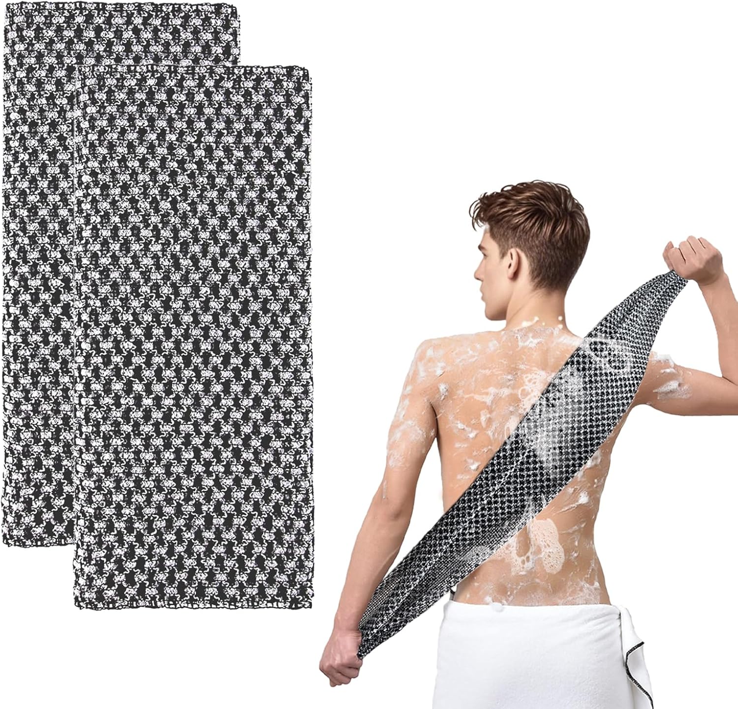 Extra Long Exfoliating Cloth, Deep Cleaning Exfoliating Towel, Reusable Exfoliating Body Scrubber 2 Pcs Black