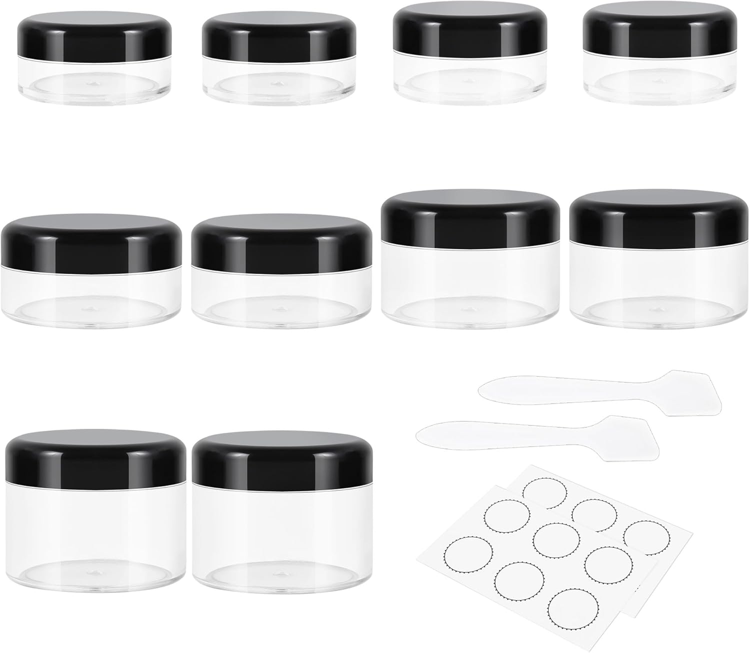 10 Pieces Small Travel Containers, 3/5/10/15/20 Gram Size for Creams, Sample With Screw Lids, 12Pcs Labels/2Pcs Mini Spatulas, Plastic Makeup Black