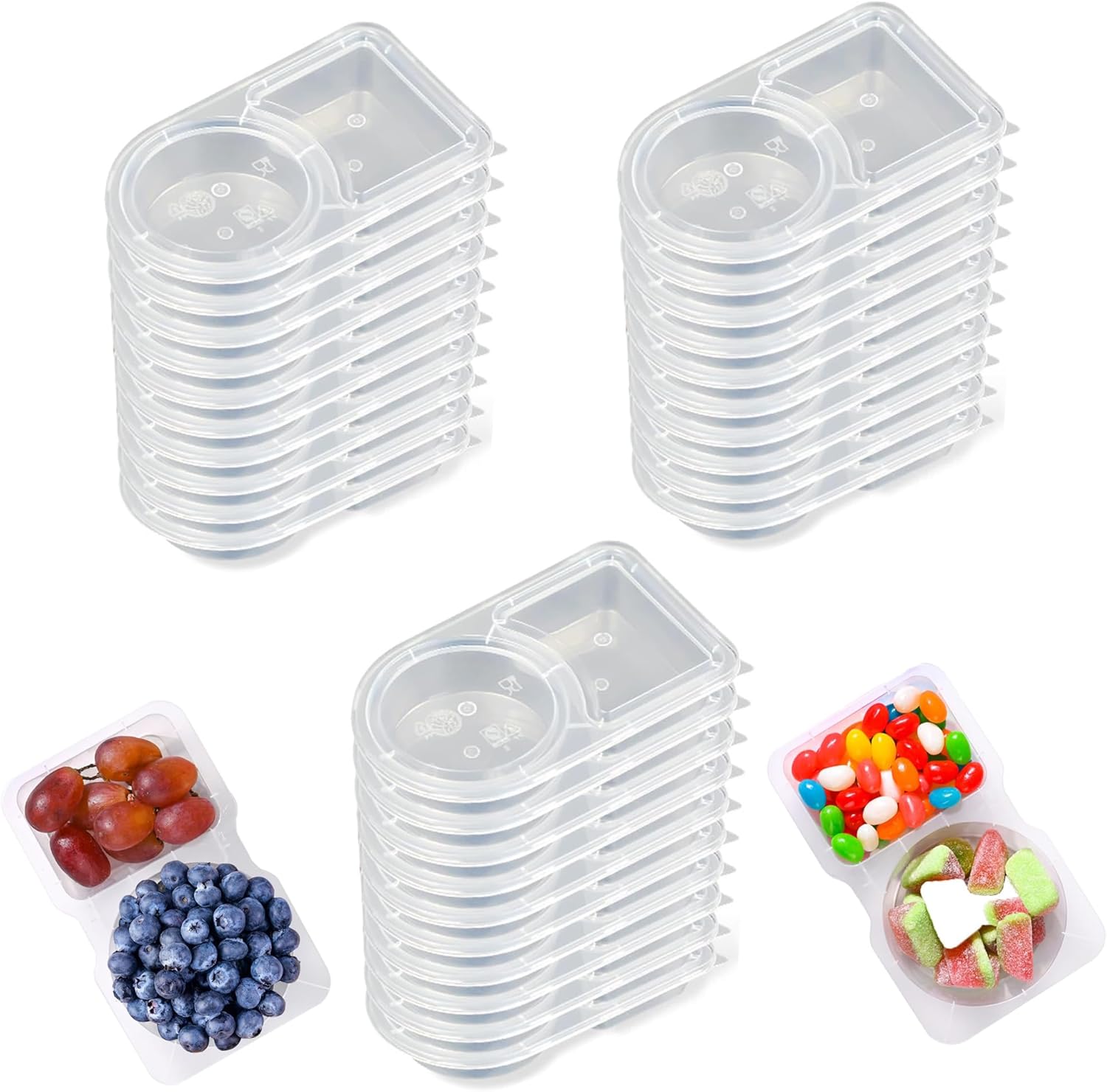 2 Compartment Snack Containers with Lids, Small Reusable Plastic Clear Snack Containers for School, Home, Fridge, Veggie Dip, Lunch, Cheese and Crackers 30