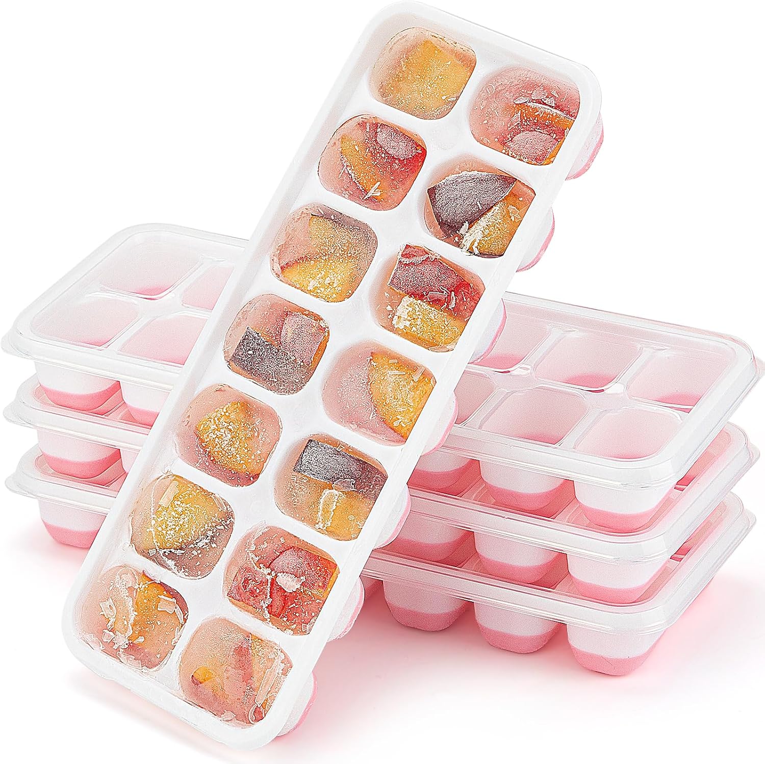 Ice Cube Tray,14 Ice Cube Molds with Lids, 2 Pack Silicone Ice Tray, Stackable Ice Cube Molds for Chilling Drinks, Whiskeys, Cocktails, Easy to Use Pink