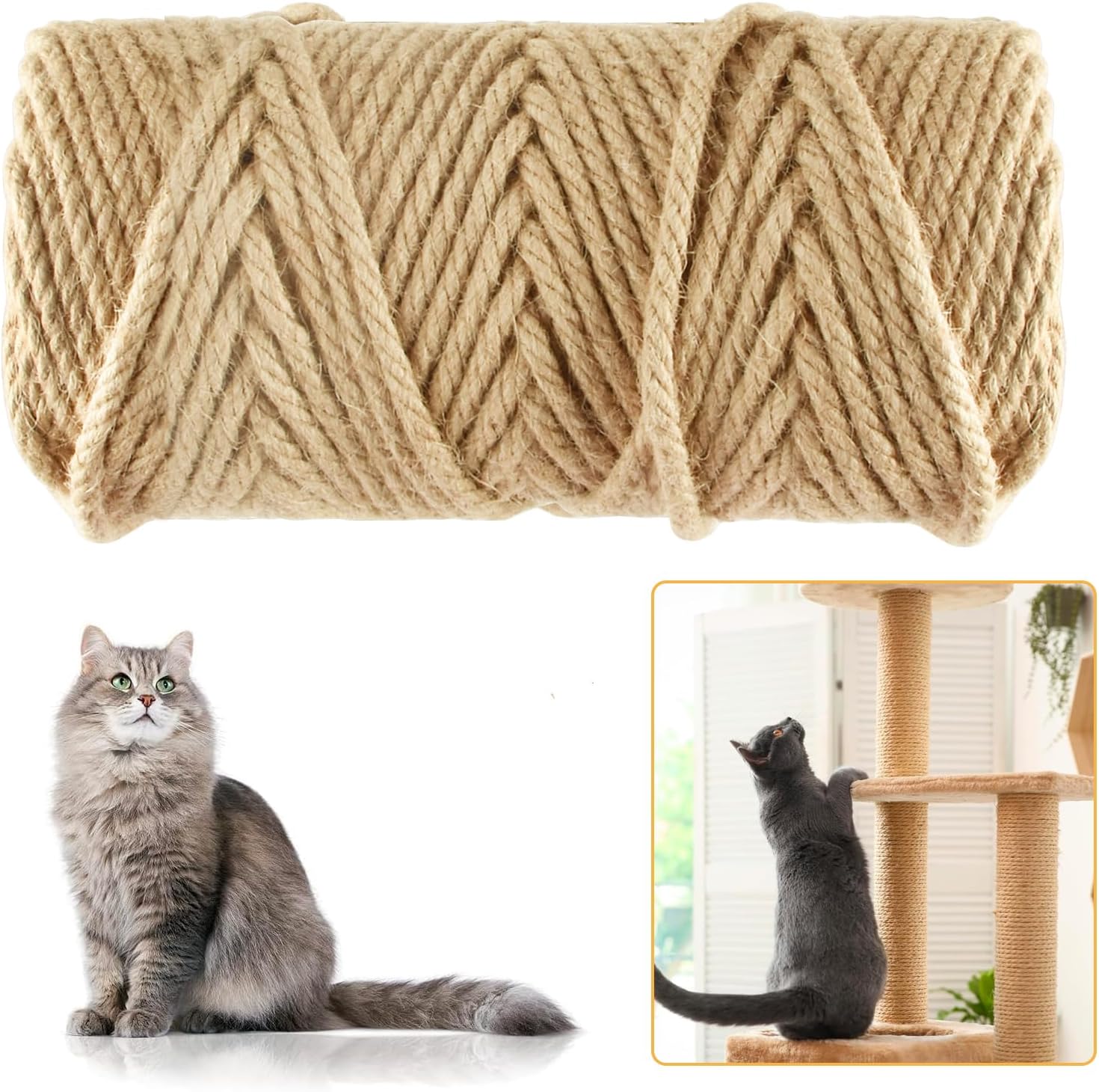 50M Sisal Rope for Cat Scratchers, Cat Scratching Sisal Rope 6mm Natural Jute Hemp Rope, Ideal for Replace Scratching Post, Repair Cat Tree, DIY Projects