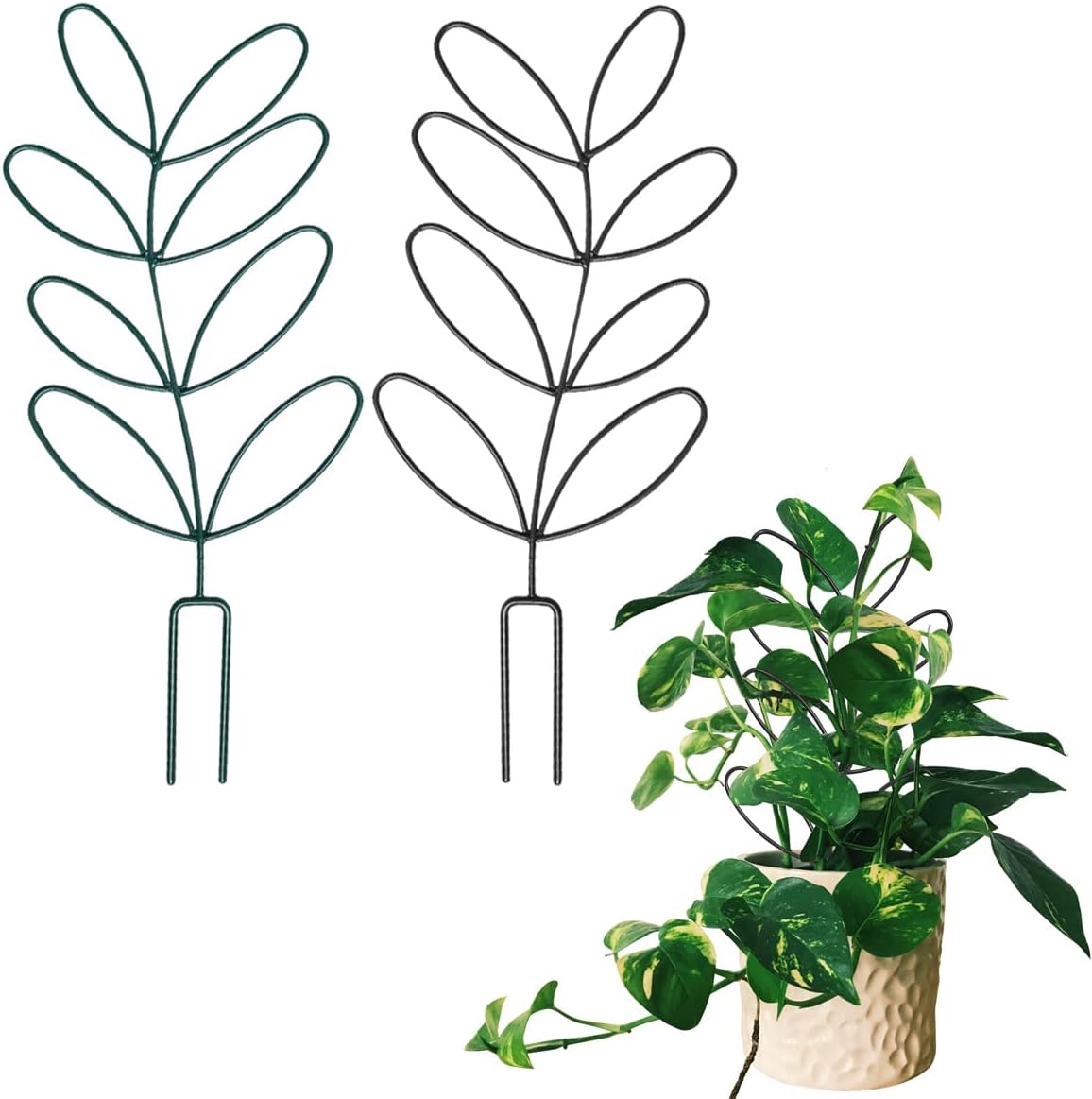 2Pack Indoor Plant Trellis Metal Wire Garden Trellis ,Small Climbing Leaf Shape Trellis for Garden Potted Plant Houseplant Green