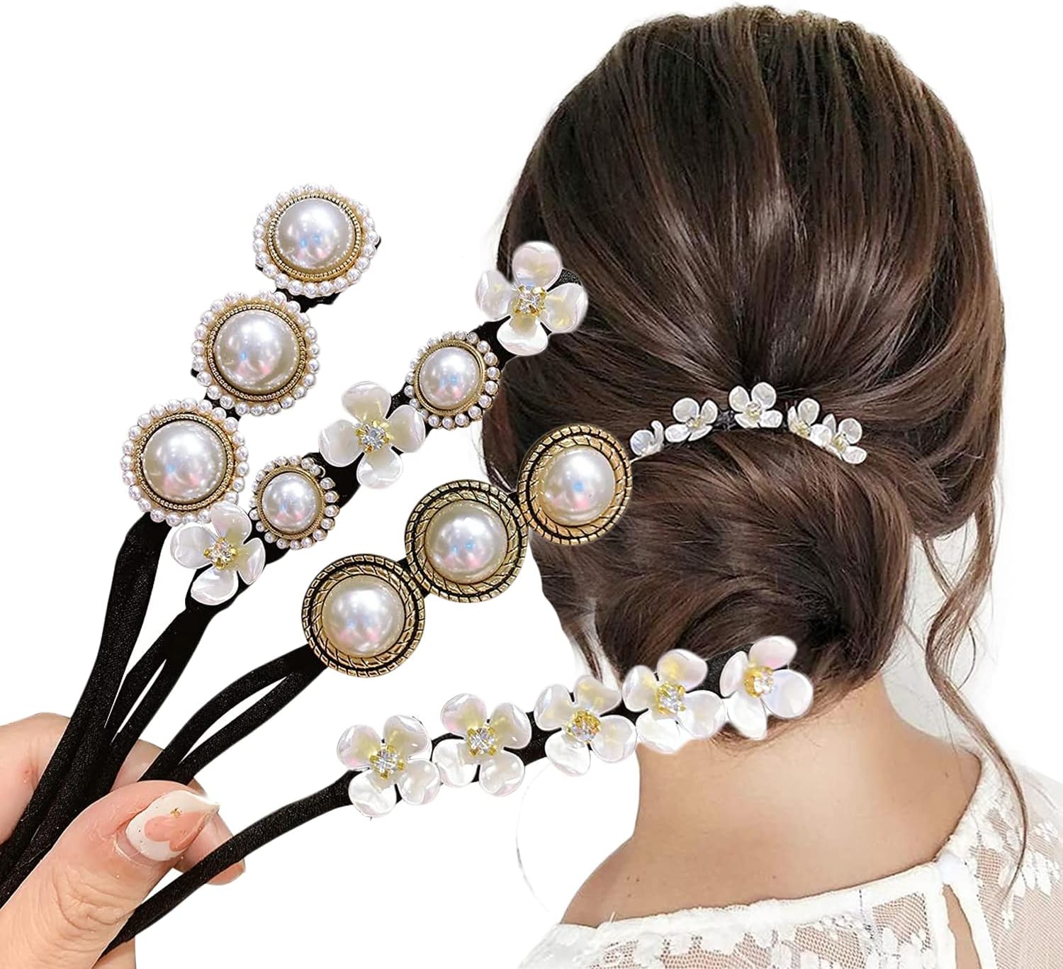 Hair Bun Maker, Deft Bun, 4PCS Women Magic Hair Bun Maker with Peal and Flower, Magic Twist Hairpin Lazy Curler Reusable Bun Hair Accessories for Women Girls,French Twist Hairstyle Donut bun Former Maker Hairstyle Black and white