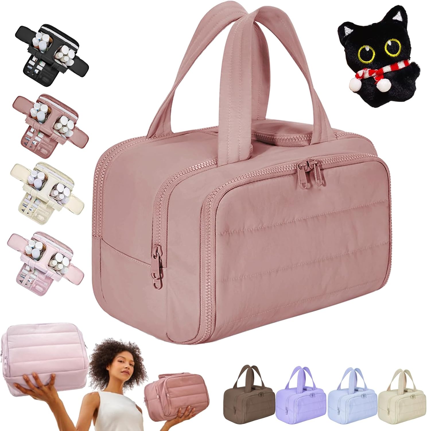 Elouva Toiletry Bag, Elouva Large Capacity Wide-Open Travel Cosmetic Bag, 0.6lb Lightweight Toiletry Bag for Women, Waterproof & Wide Opening Toiletry Organizer for Traveling, Toiletries Rose