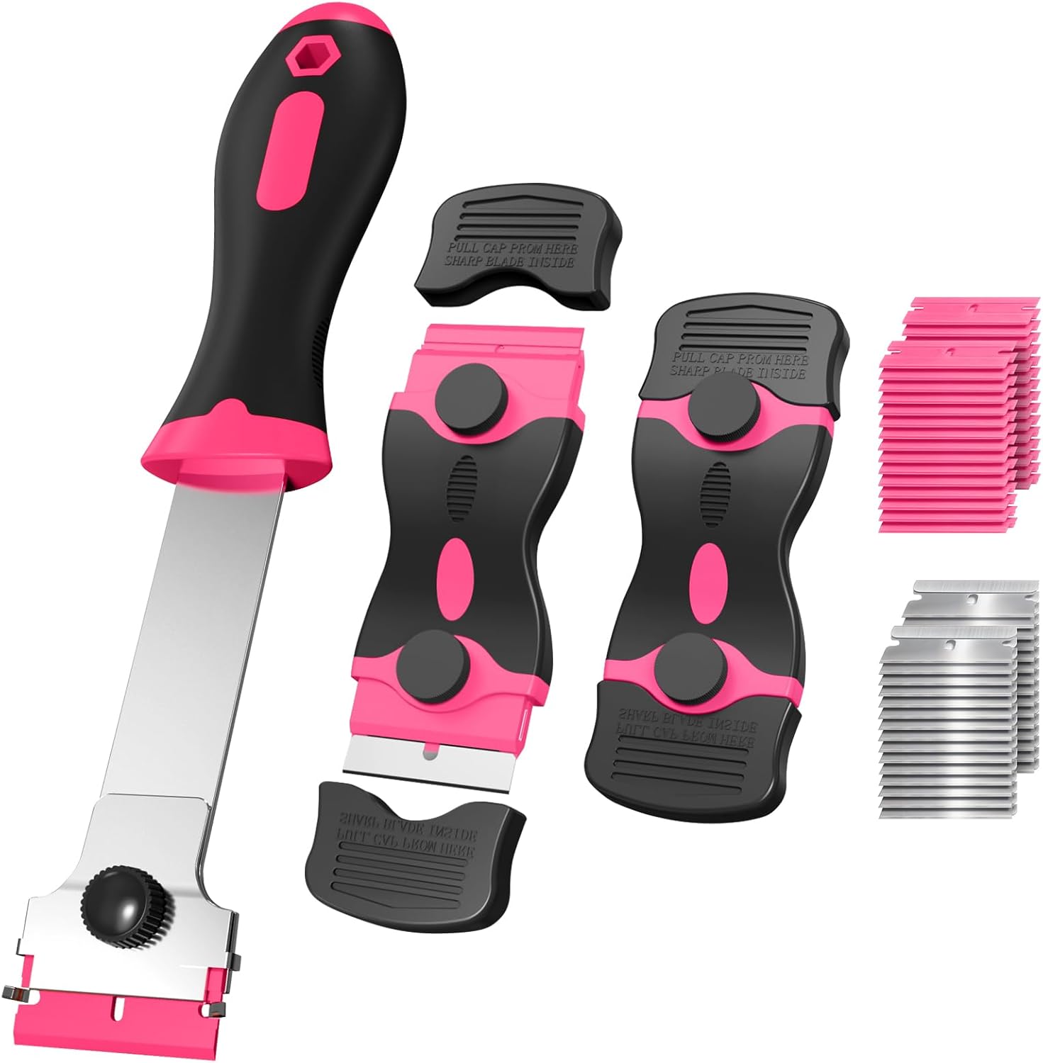 3 Pack Razor Blade Scraper Set, Includes 30 Plastic & 30 Metal Blades, Multi-Purpose Tool for Glass, Cooktop, Sticker Removal, Paint & Gum Cleaning Pink