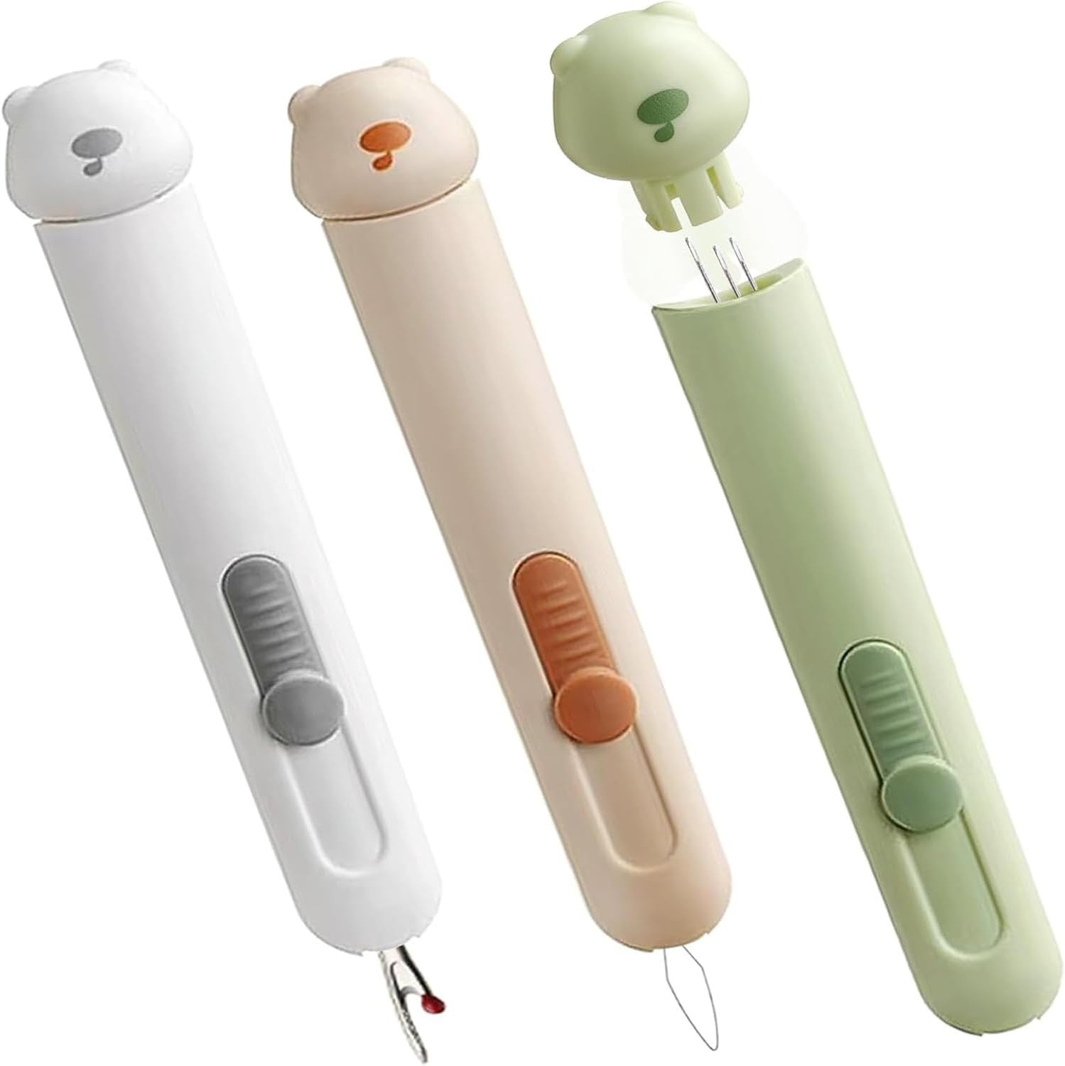 3 Pcs 3 in 1 Automatic Needle Threaders and Seam Ripper with Stainless Steel Blade for Hand Sewing, Knitting, Embroidery, Multifunctional Sewing Tool for Crafts Quilting Supplies Green&Gray& Cream
