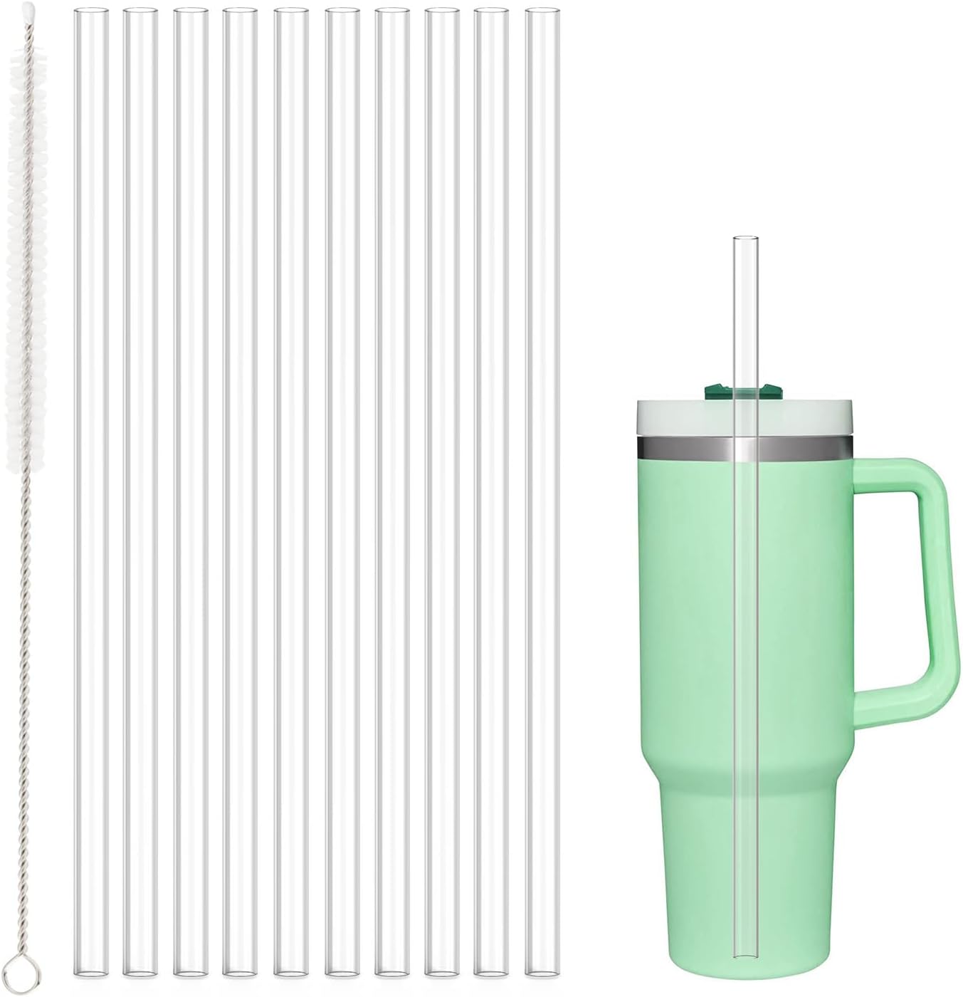 10 Pcs Replacement Straws Compatible with Stanley 30 oz Cup Tumbler, Reusable Plastic Cleaning Brush for Adventure Travel Tumbler 10.4inch Long -