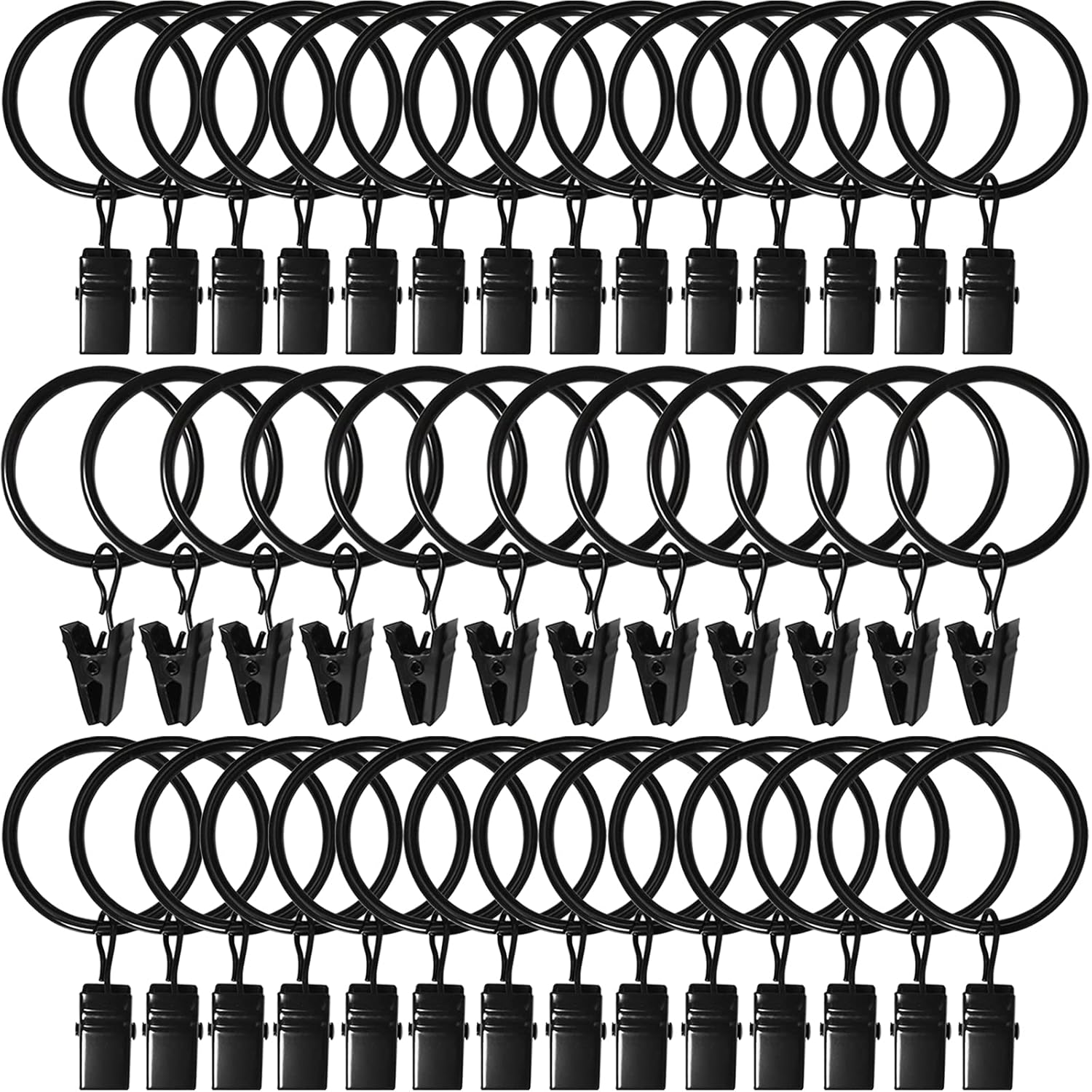 40 Pack Curtain Rings with Clips, Drapery Clips Rings, Drapes 1.26 in Interior Diameter, Fits up to 1 Rod, Black 1.26" I D