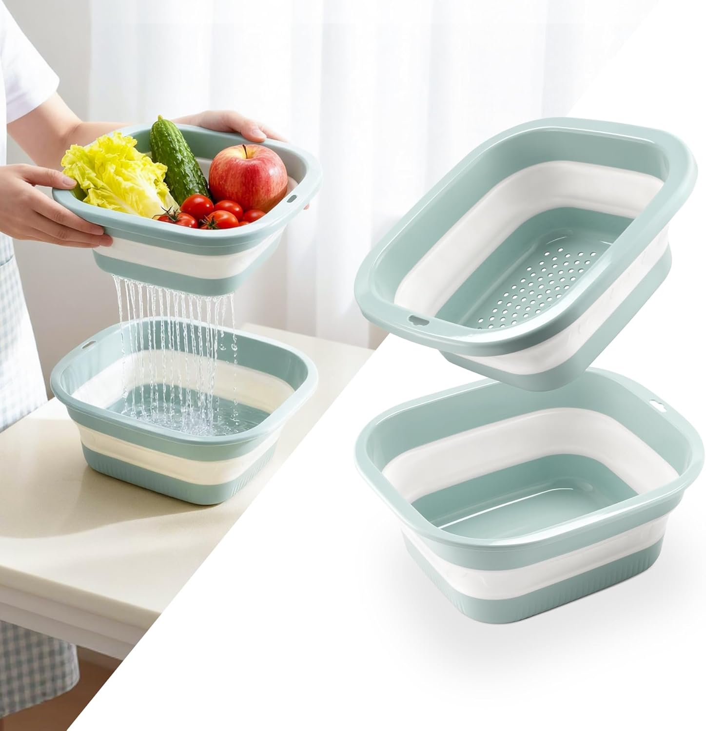 1.5 Gal 5.5L Collapsible Dish Basin with Drain Basket Colanders, Multiuse Double-Layer Foldable Strainers Sink Tub, Wash Pan, Plastic Tubs, Dishpan, Kitchen Sink, Green -