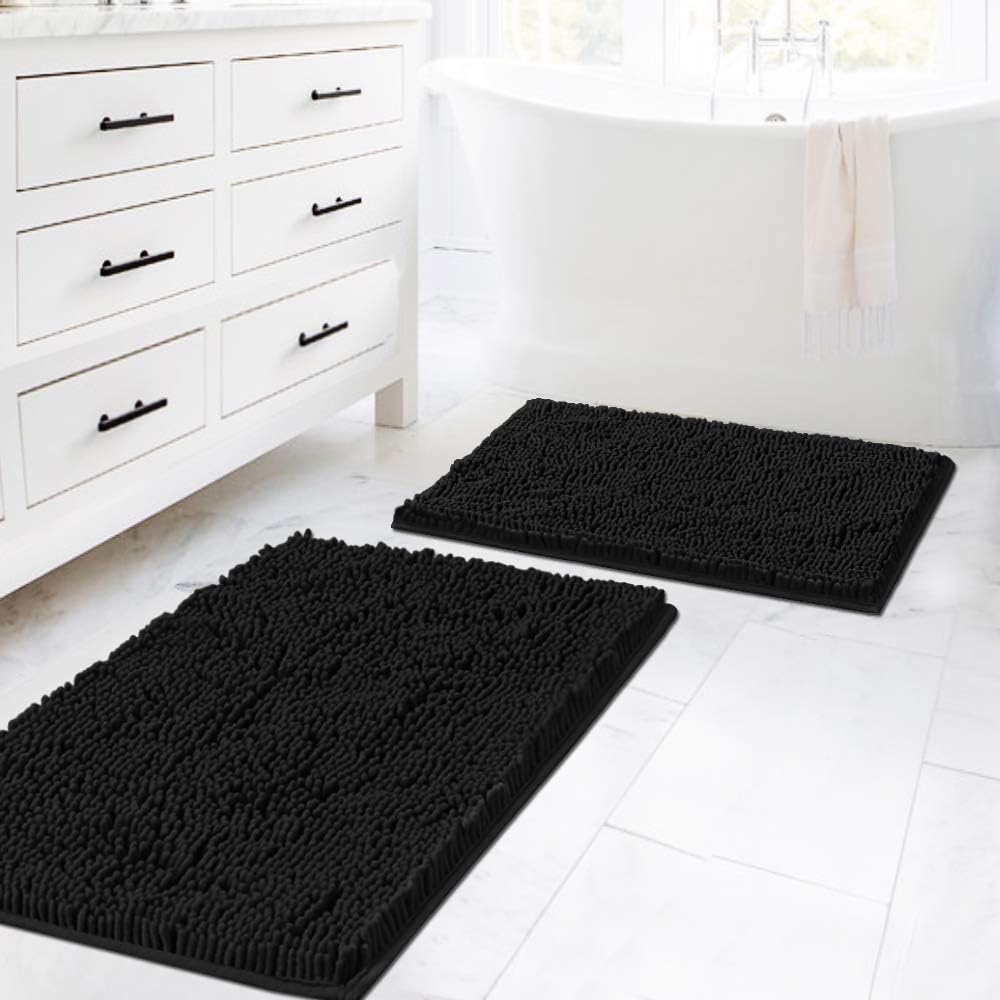 Black Bathroom Rug Set 2 Piece, Bath Mats for Floor, Super Thick Soft Shaggy Chenille Machine Washable, Dry Fast Water Absorbent Mats 20" x 32"/17" 24" 20" 32" Plus 17" 24"