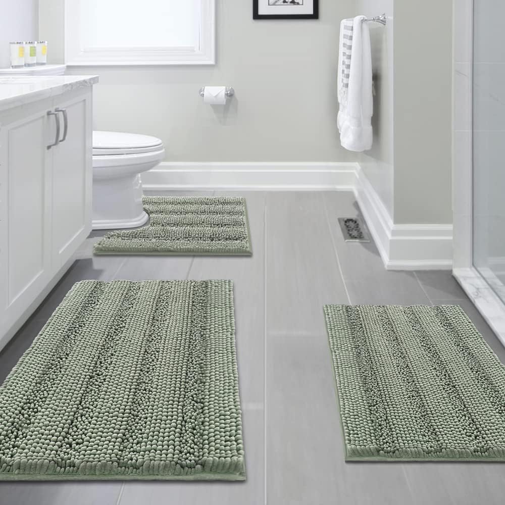 3 Piece Bathroom Rugs Sets Thick Striped Bath Set for Non Slip Soft Absorbent Mat Tub, Shower and Toilet 17''x24''+20''x32''+20''x24'' U-Shaped, Sage Sage 17" x 24" + 20" 32" U Shape
