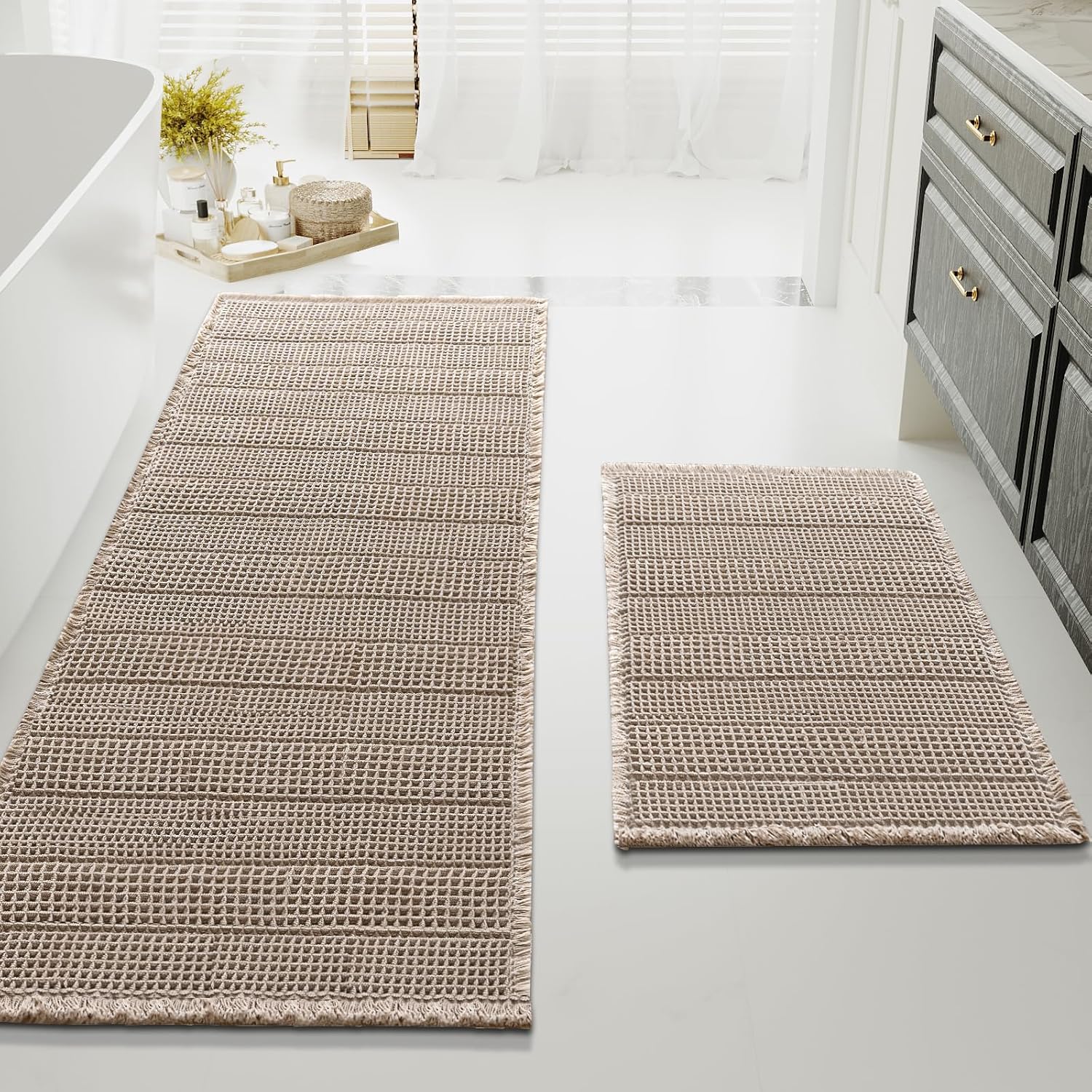Waffle Bath Mat Super Absorbent Bathroom Mats Non Slip Rugs for Floor Machine Washable Ultra Soft Beside Tub, 32 x 20 Plus 24 60 - Inches, Irish Cream Cream 20" 32" 24" 60"