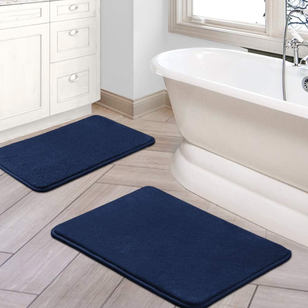 Bath Mat Memory Foam Set Bathroom Rug Flannel Velvety Luxury Extra Soft and Absorbent Non Slip Rugs for Bathroom/Bedroom Washable 2 Pack- 20"x 32"/ 17"x 24", Navy Navy 20" x 32" Plus 17" 24"