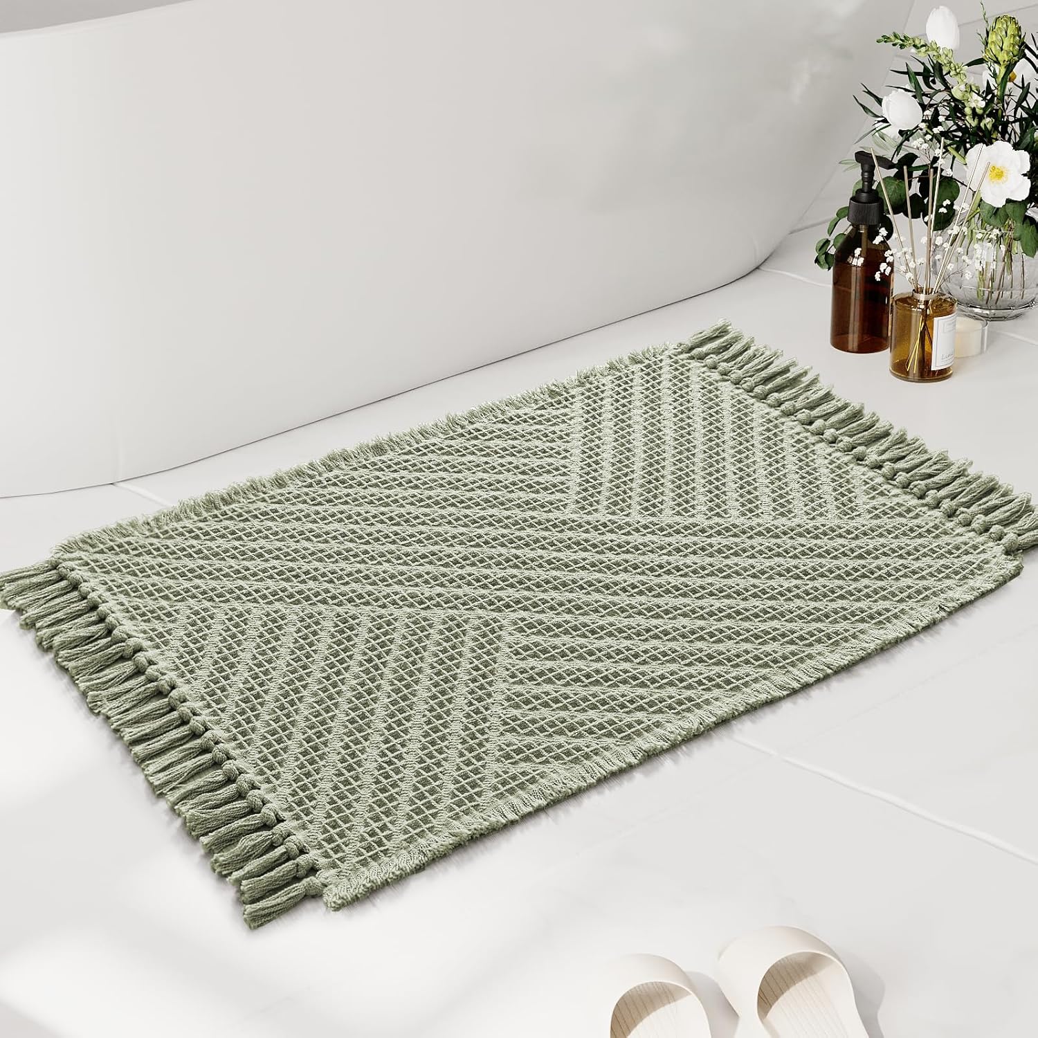 Waffle Bath Mat Super Absorbent Boho Non Slip Rugs for Bathroom Floor Machine Washable Dry Fast with Handmade Tassels, 20" x 32", Sage 32"