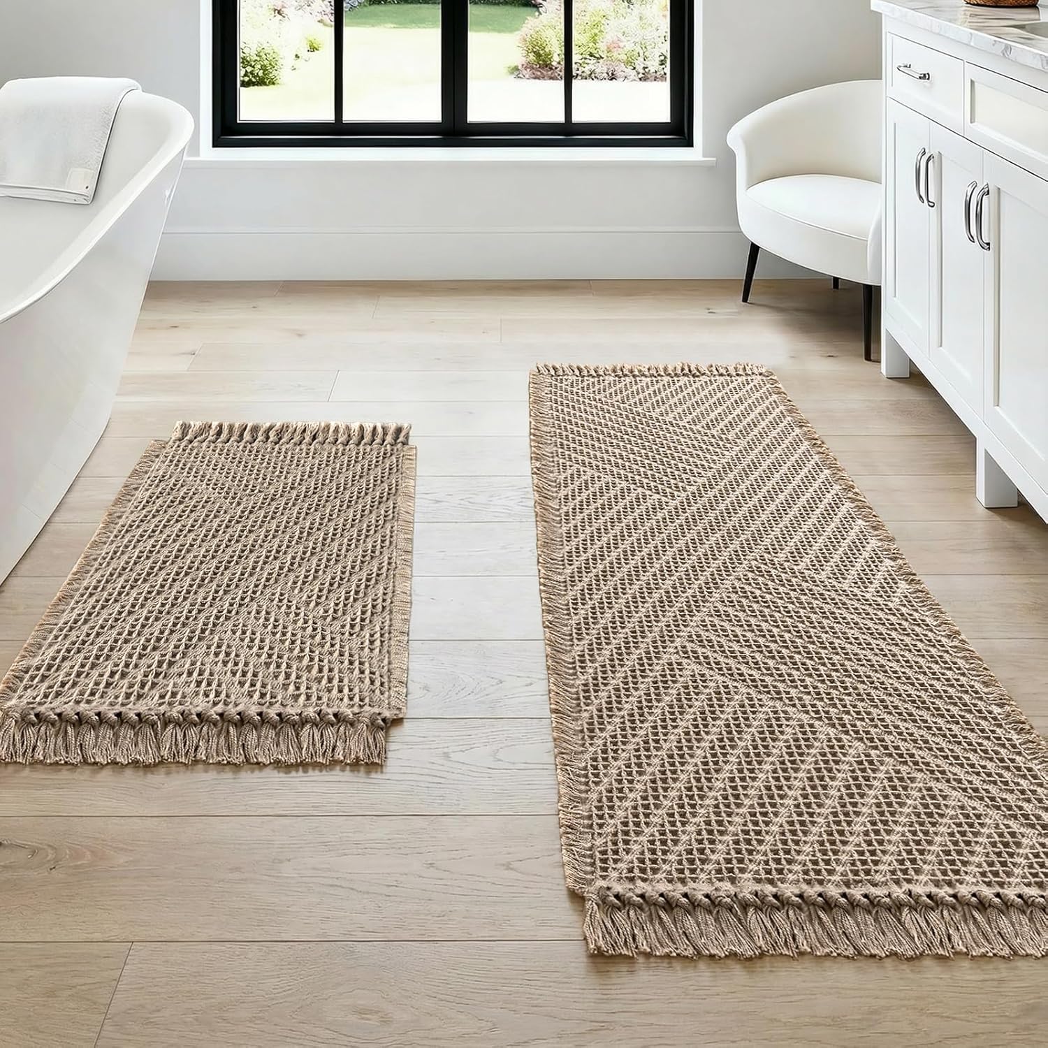 Waffle Bath Mat Super Absorbent Boho Non Slip Rugs for Bathroom Floor Machine Washable Dry Fast with Tassels 47 x 17 Plus 24 Inches, Irish Cream Cream 47" 17" 24"