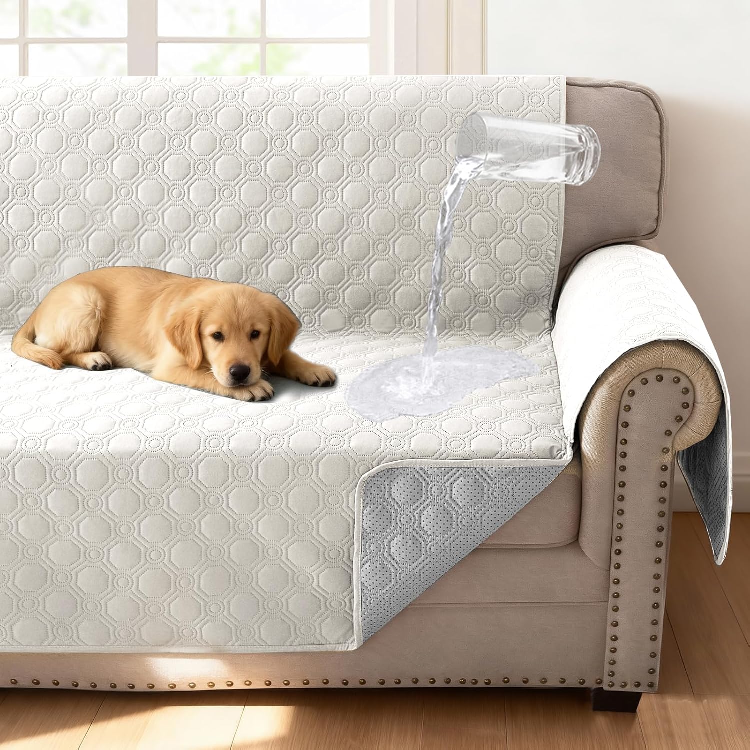 100% Waterproof Couch Cover for 3 Cushion Sofa Washable Pet Friendly with Elastic Straps Thick Durable Storage Pocket XL Sofa, Beige Beige 78"-X-Large
