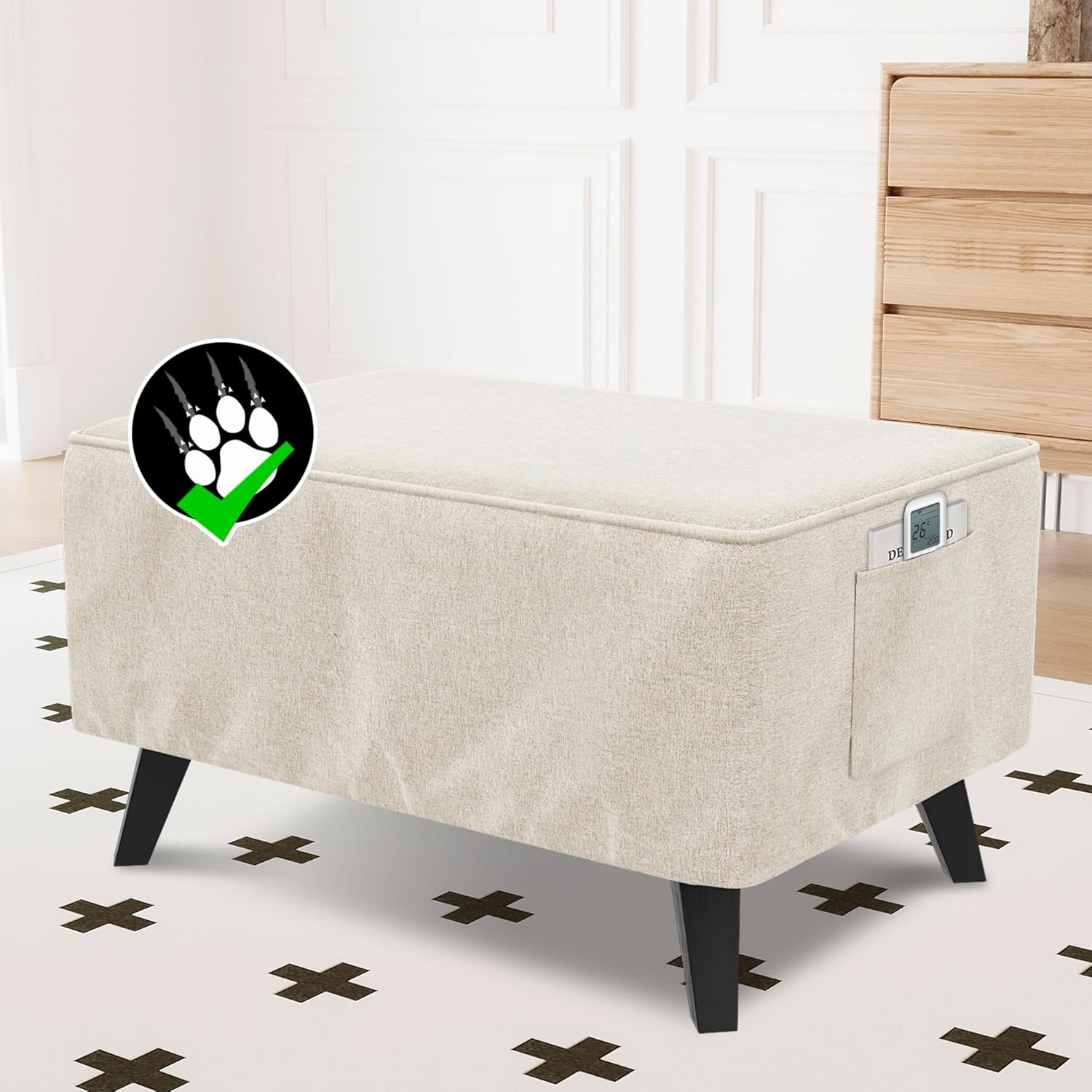 Thick Durable Linen Look Ottoman Cover Folding Storage Stool Furniture Protector Soft Rectangle Slipcover with Elastic Bottom Fit Length 43"-44" Footrest Washable - Heather Ivory Rectangle:X-large