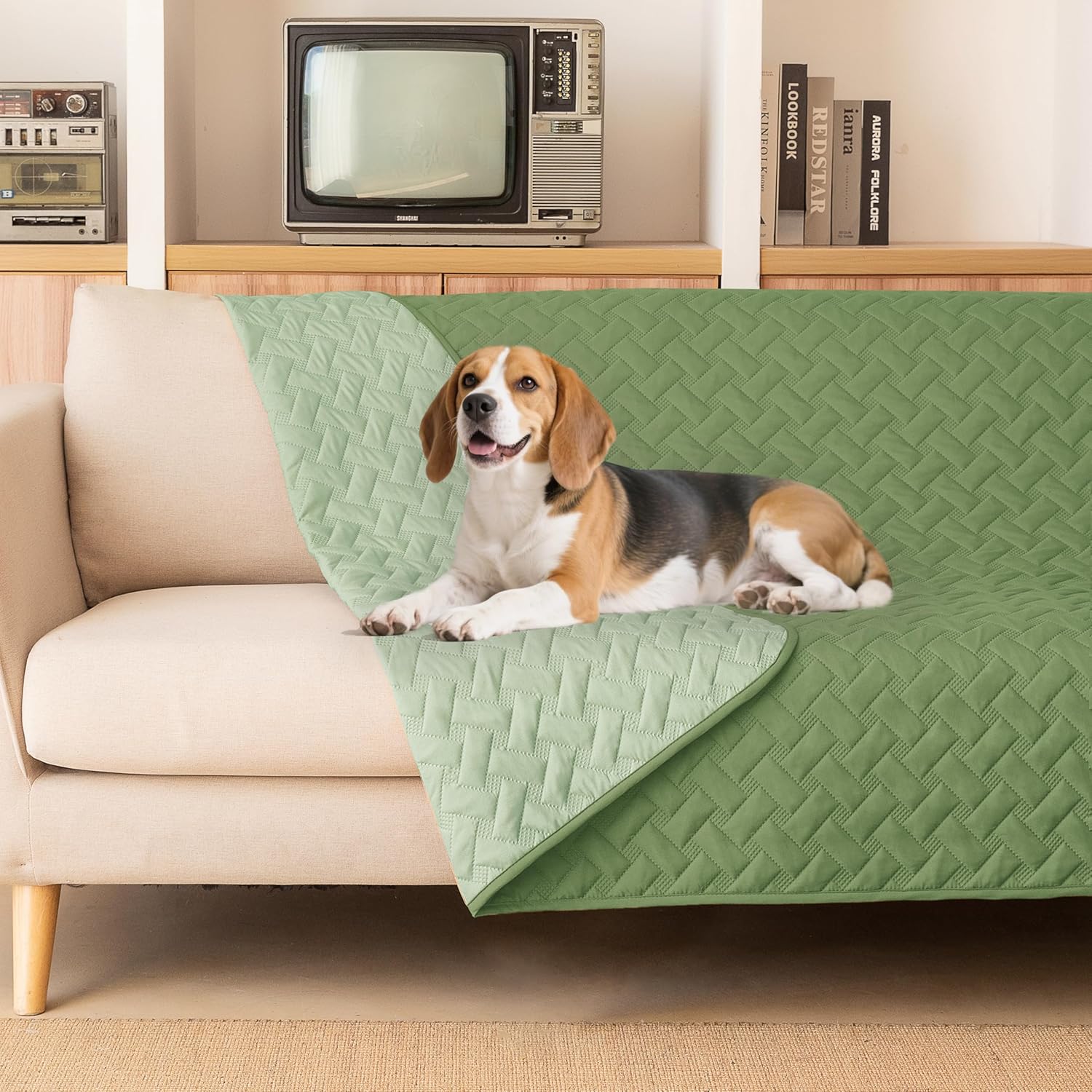 100% Double Sided Waterproof Dog Blanket Soft Pet Bed Cover Reversible Protect Furniture Couch Sofa Car for Puppy Cat Kids Dark Green/Light Green, 52x82 Inch Pack of 1 Dark Green 1