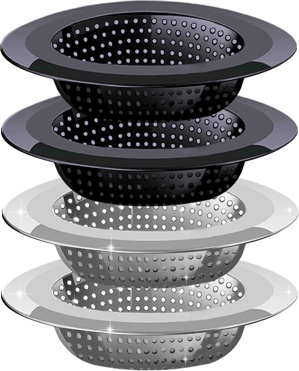 Kitchen Sink Drain Strainer, 4 Pack Stainless Steel and Black Mesh Strainer for with Large Wide Rim 4.5" Diameter, Filter 3" Basket Food Catcher -