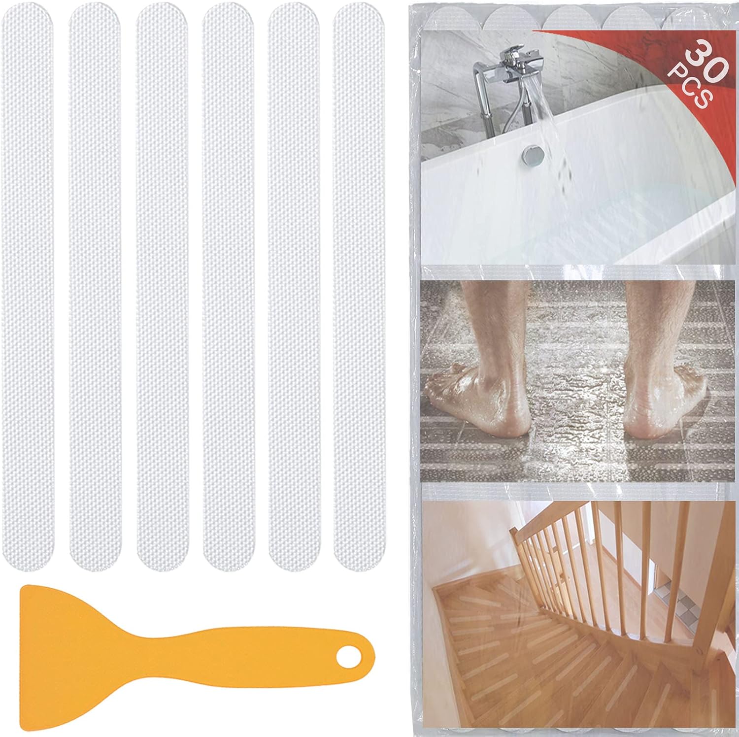 30 PCS Non Slip Shower Stickers, Safety Adhesive Strips Treads for Bathroom Floor Tub Stairs Ladders Pools Boats, Bathtub Appliques Adults & Kids with Scraper Clear Clear -