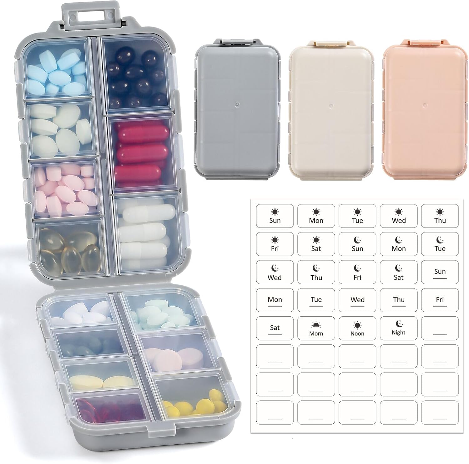 14 Grids Pill Organizer Box with Labels, Travel Medication Holder Dispenser Case Kit, Pocket Daily Pharmacy Container for Fish Oil Vitamin Supplement Storage, Khaki Pink Grey, 3 Pack Khaki+pink+grey