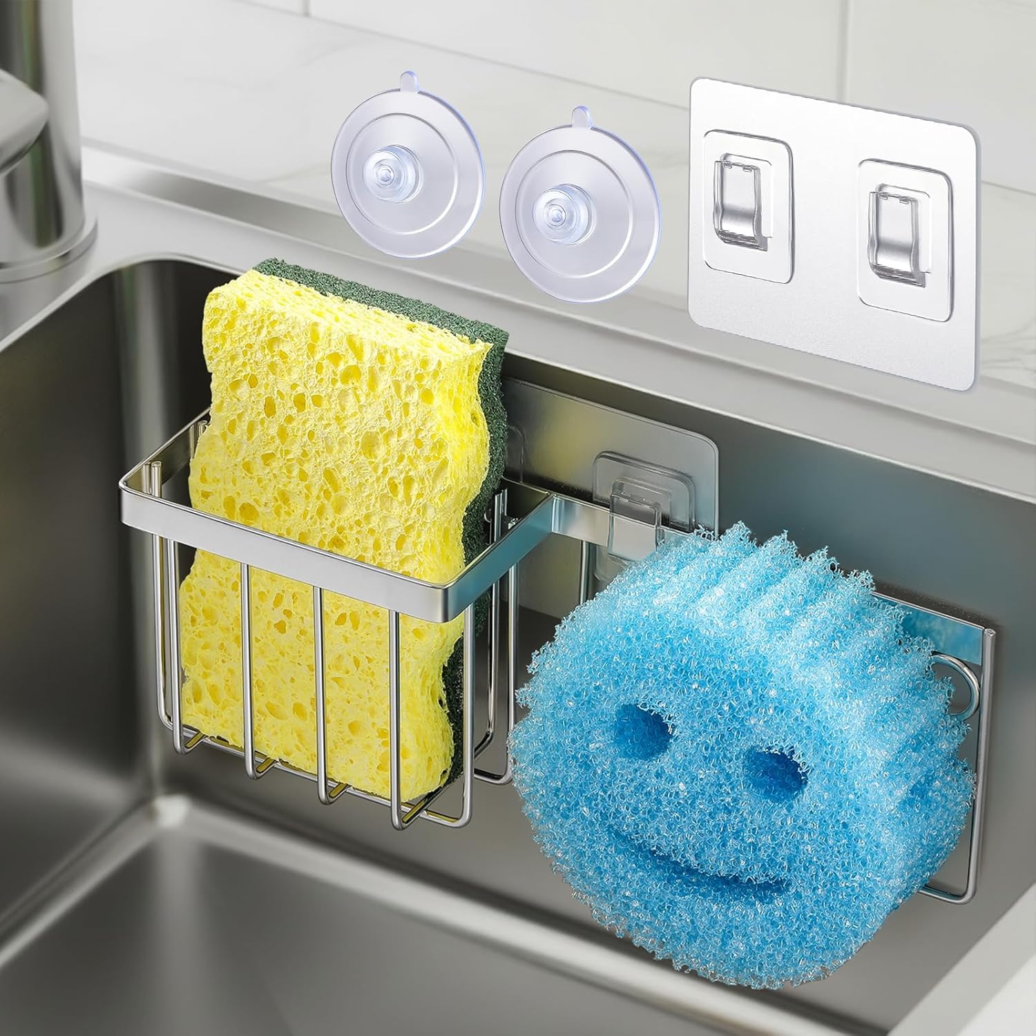 Slim & Space-saving Sponge Holder for Kitchen Sink, Caddy Scrub Daddy / Mommy Smiley Face, Sink Organizer Accessories Dish Brush, Scrubber -with 2 Suction Cups 1 Adhesive Hook Silver -