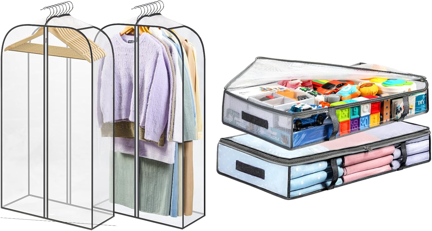 2 Packs Under Bed Storage Containers Bins-55L, Pack Clear Garment Bags-40'' Long -