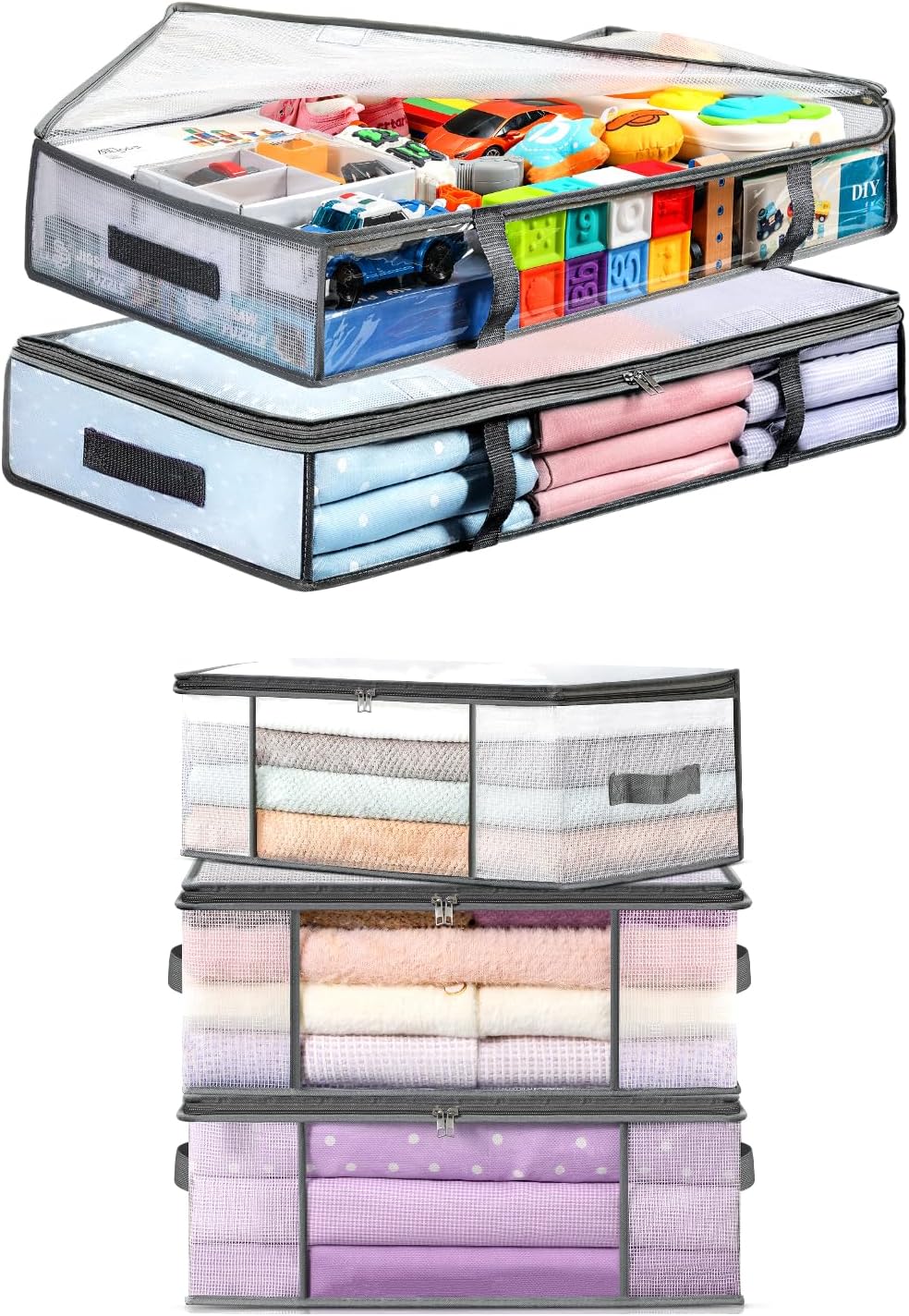 2 Pack Under Bed Storage Containers Bins-55L, 3-Pack Clothes Bags-35L -