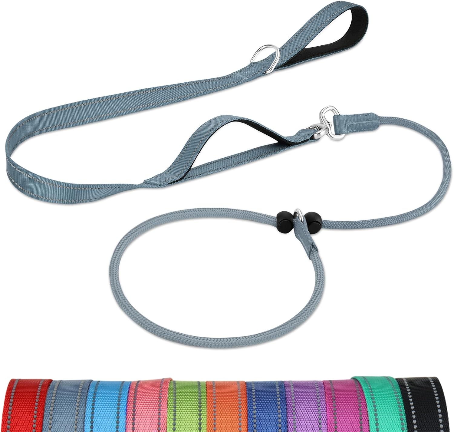 Tangle-Free Slip Leads for Dogs, 6 FT Leash with Padded Double Handle, Reflective Nylon Training Small Medium Dogs 15-40 Lbs, Gray Feet 15-40lbs