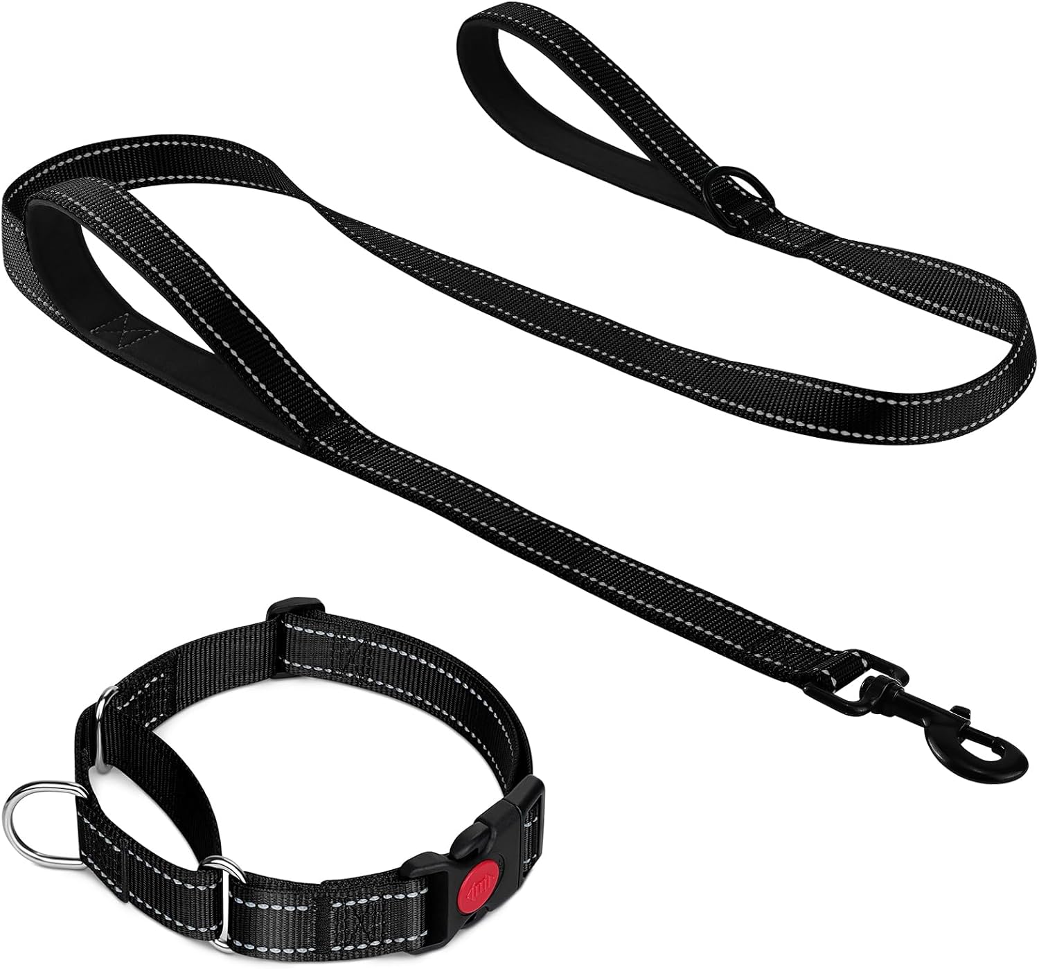 Martingale Dog Collar 12.5-16'' , 6FT Double Handle Leash for Training, Black -
