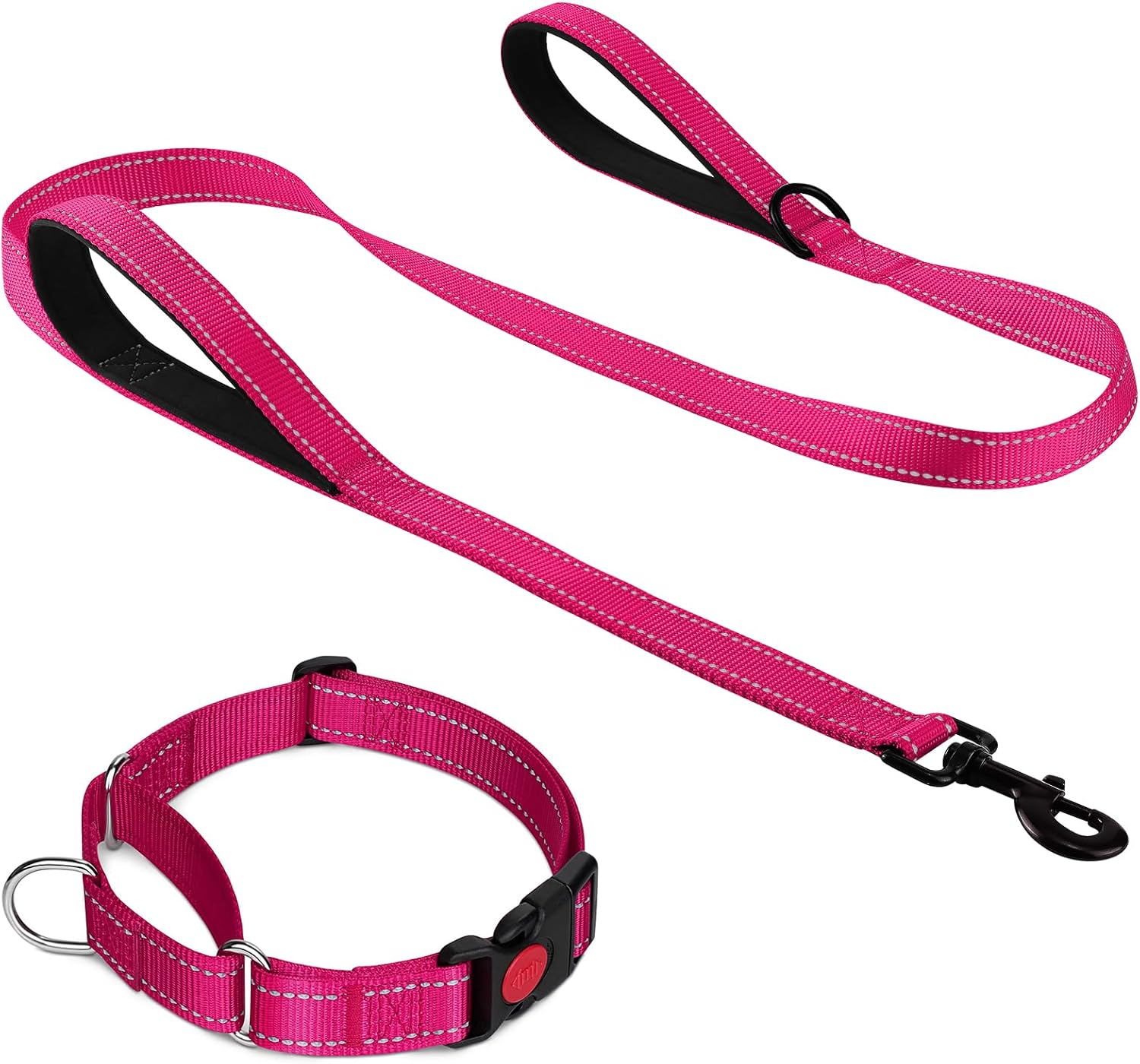 Martingale Dog Collar 16-20" , 6FT Double Handle Leash for Training, Hotpink -