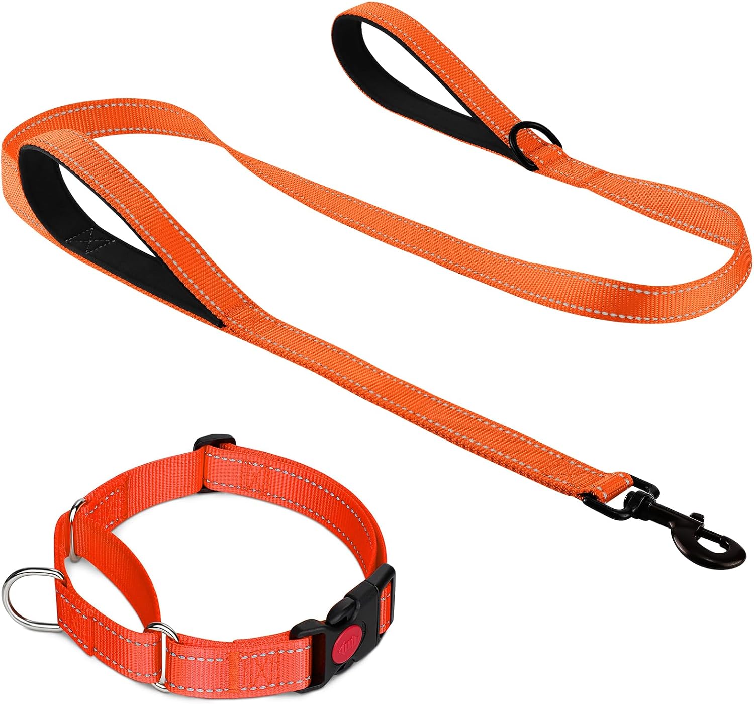 Martingale Dog Collar 16-20" , 6FT Double Handle Leash for Training, Orange -
