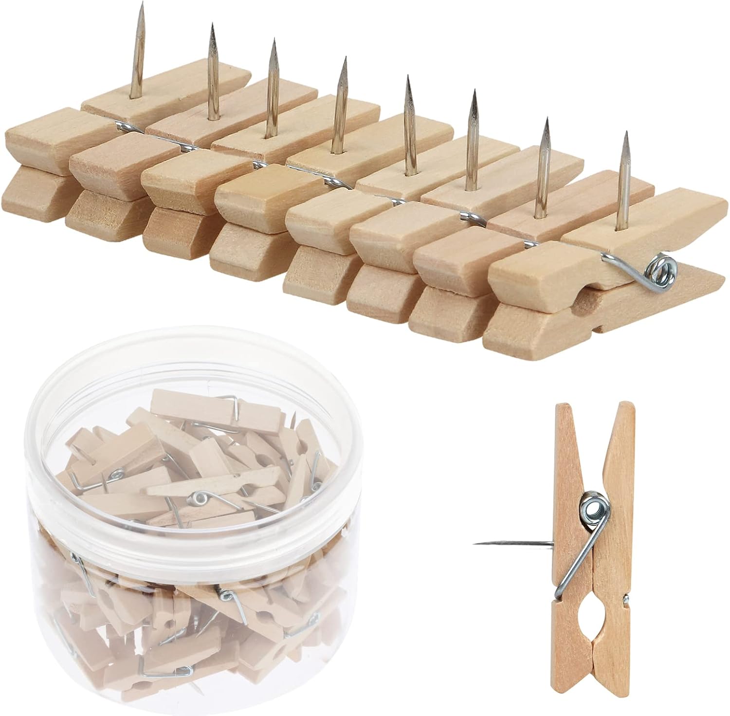 50 PCS Push Pin with Wooden Clips, Durable Pins, Decorative Pushpins Tacks Thumbtacks, for Cork Board Artworks Notes Photos, Craft Projects, Offices and Homes Burlywood -