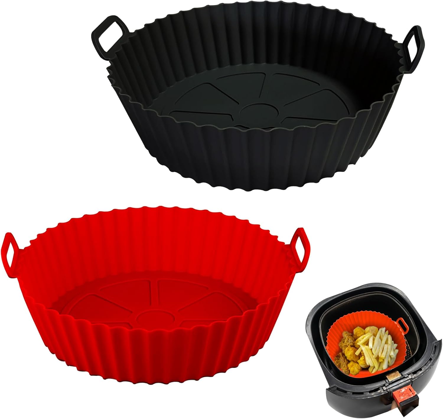 Air Fryer Silicone Liners Pot,8 inch Basket Liners, Baking Tray Pots for 3 to 5 Qt fryer Oven Reusable Accessories Red+Black -