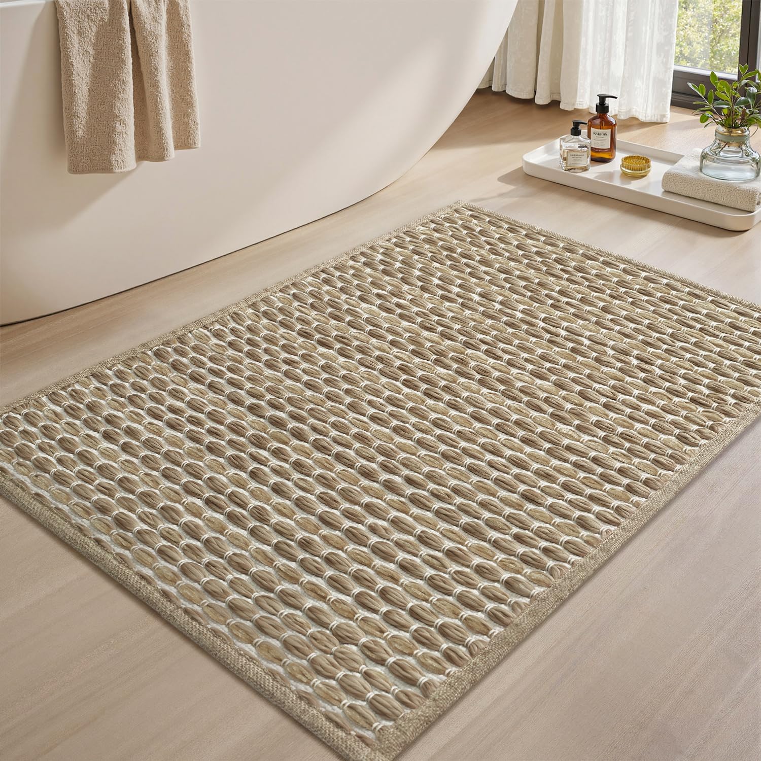 Unique Woven Bath Mat, Super Absorbent Non Slip Mats for Bathroom Floor Textured Mat Quick Dry Washable Boho Thin Rugs Beside Tub, 17" x 24", Brown 24"