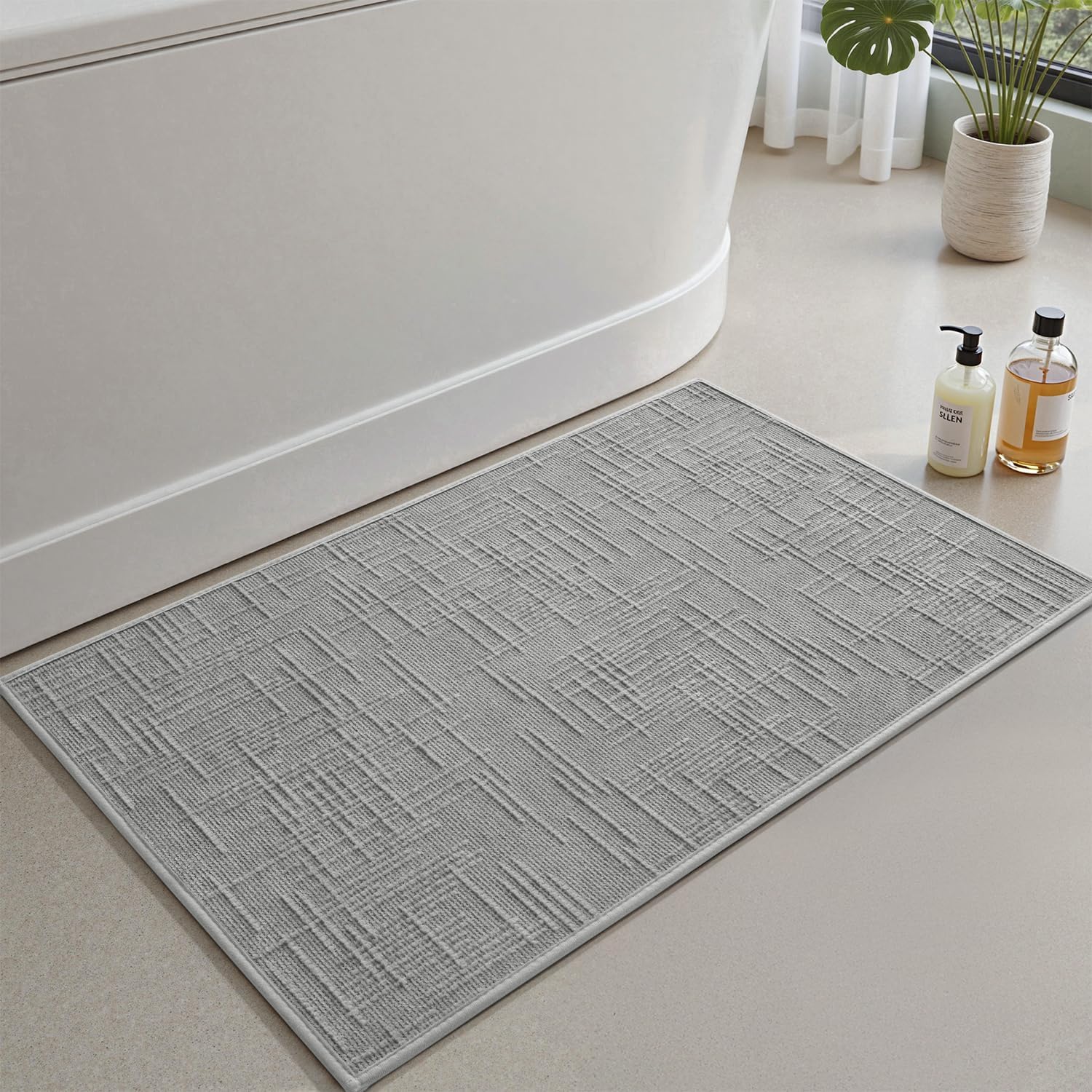 Bath Mat Non Slip Super Absorbent Quick Dry Mats for Bathroom Floor Rubber Backing Washable Rugs Modern Woven Jacquard Mat, Beside Tub Rugs, 17" x 24", LightGrey Lightgrey 24"
