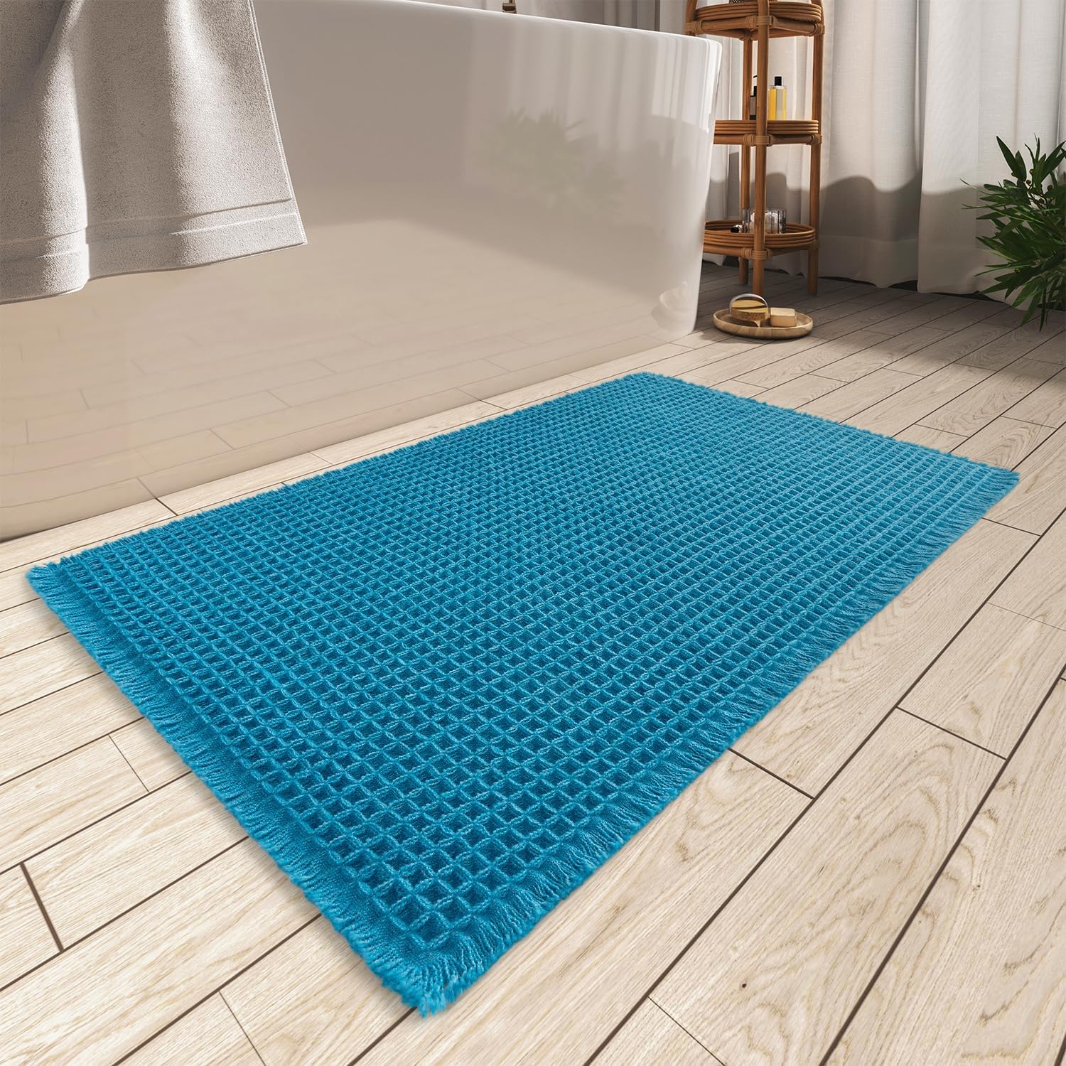 Upgraded Waffle Bath Mat, Super Absorbent Non Slip Mats for Bathroom Floor, Machine Washable Rugs with Tassels, Rubber Backed Mats, Ultra Soft, 18" x 30", Teal -